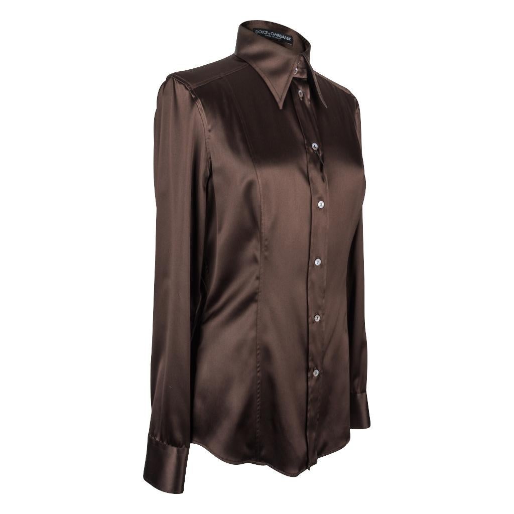 Dolce&Gabbana Top Rich Brown Silk Stretch Shirt  44 fits 8 nwt In New Condition In Miami, FL