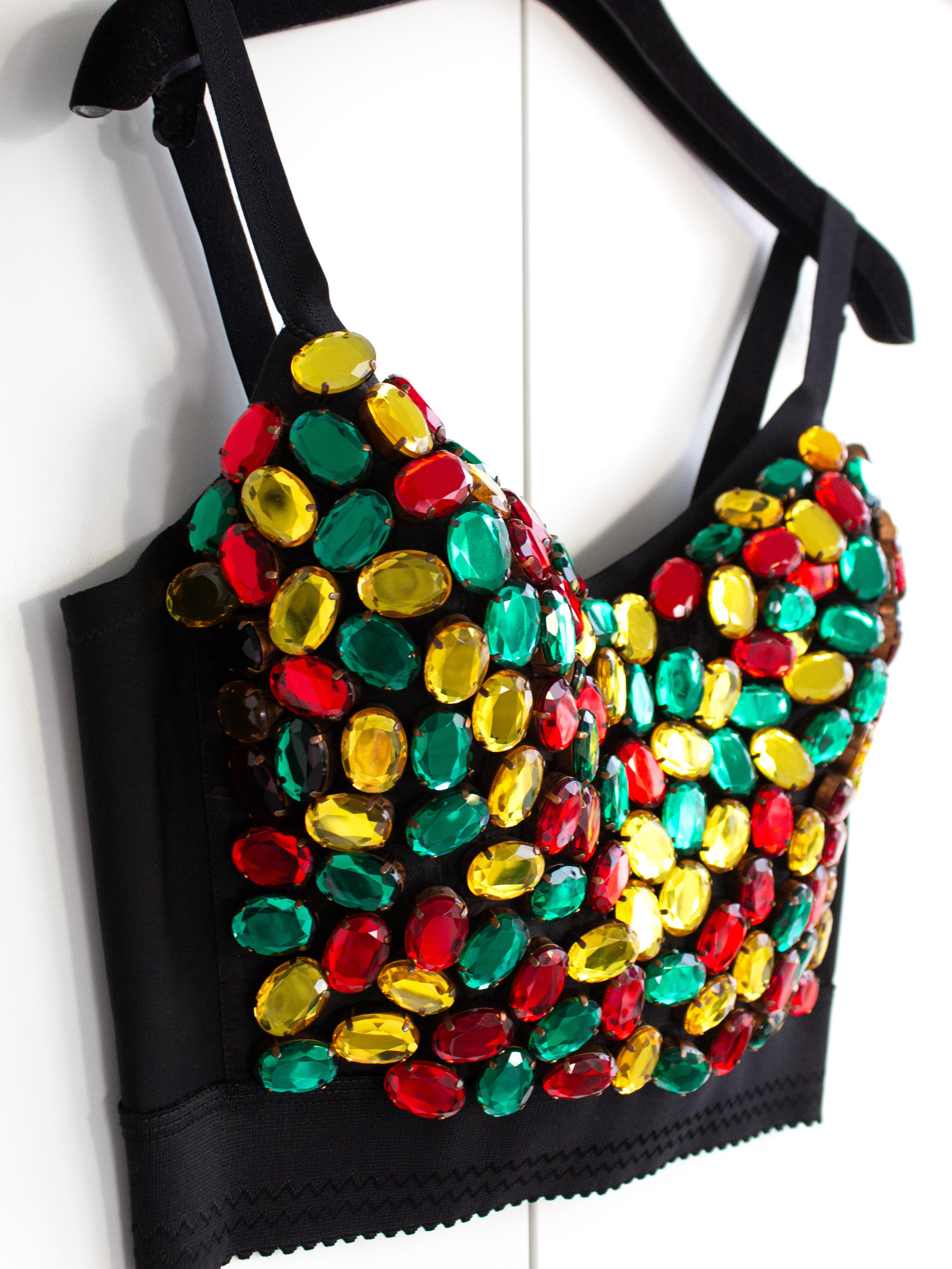 Dolce&Gabbana Vintage 1990s Rainbow Multicolor Crystal Candy Black Bustier Top In Good Condition For Sale In Jersey City, NJ