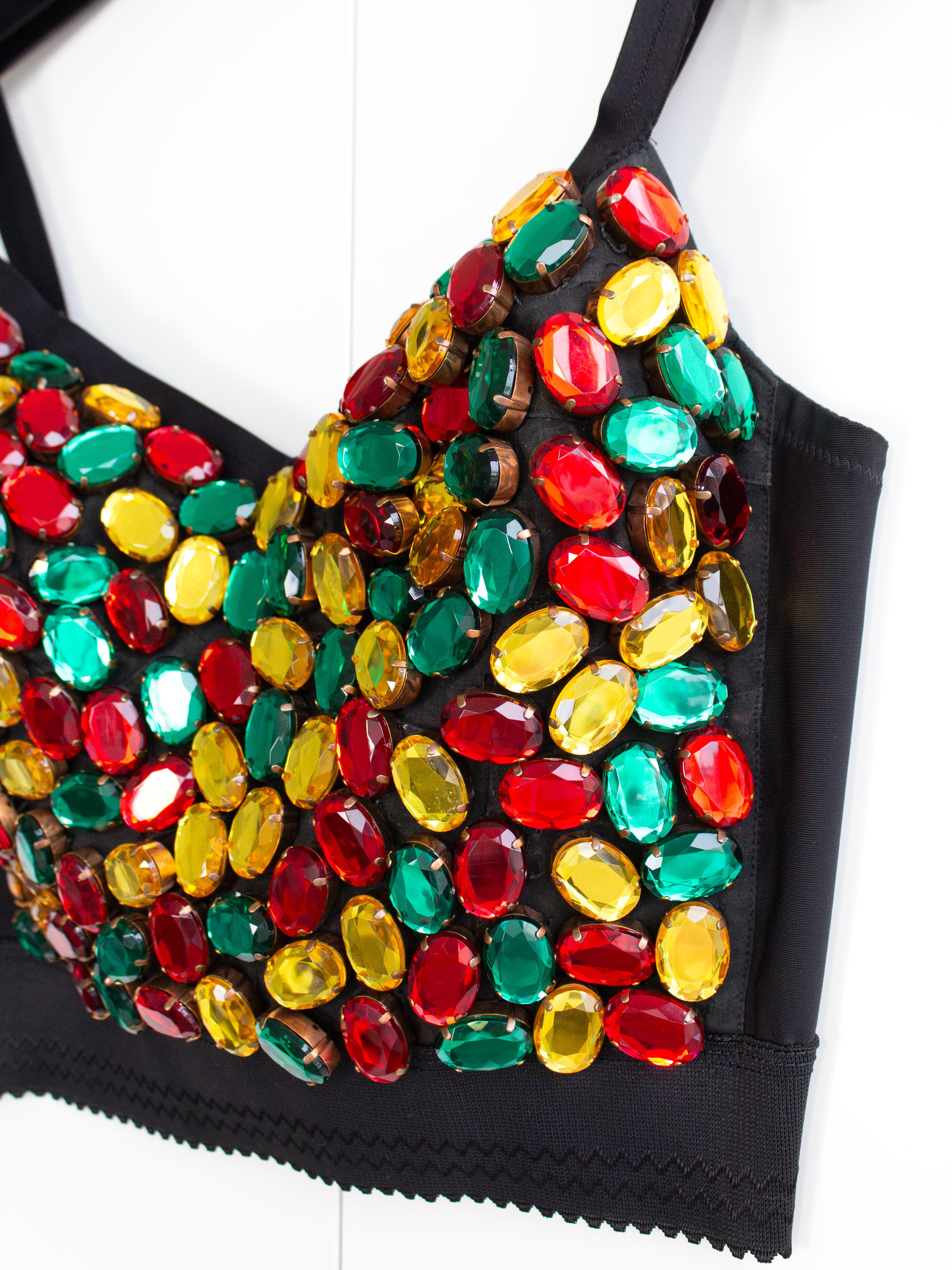 Dolce&Gabbana Vintage 1990s Rainbow Multicolor Crystal Candy Black Bustier Top For Sale 3