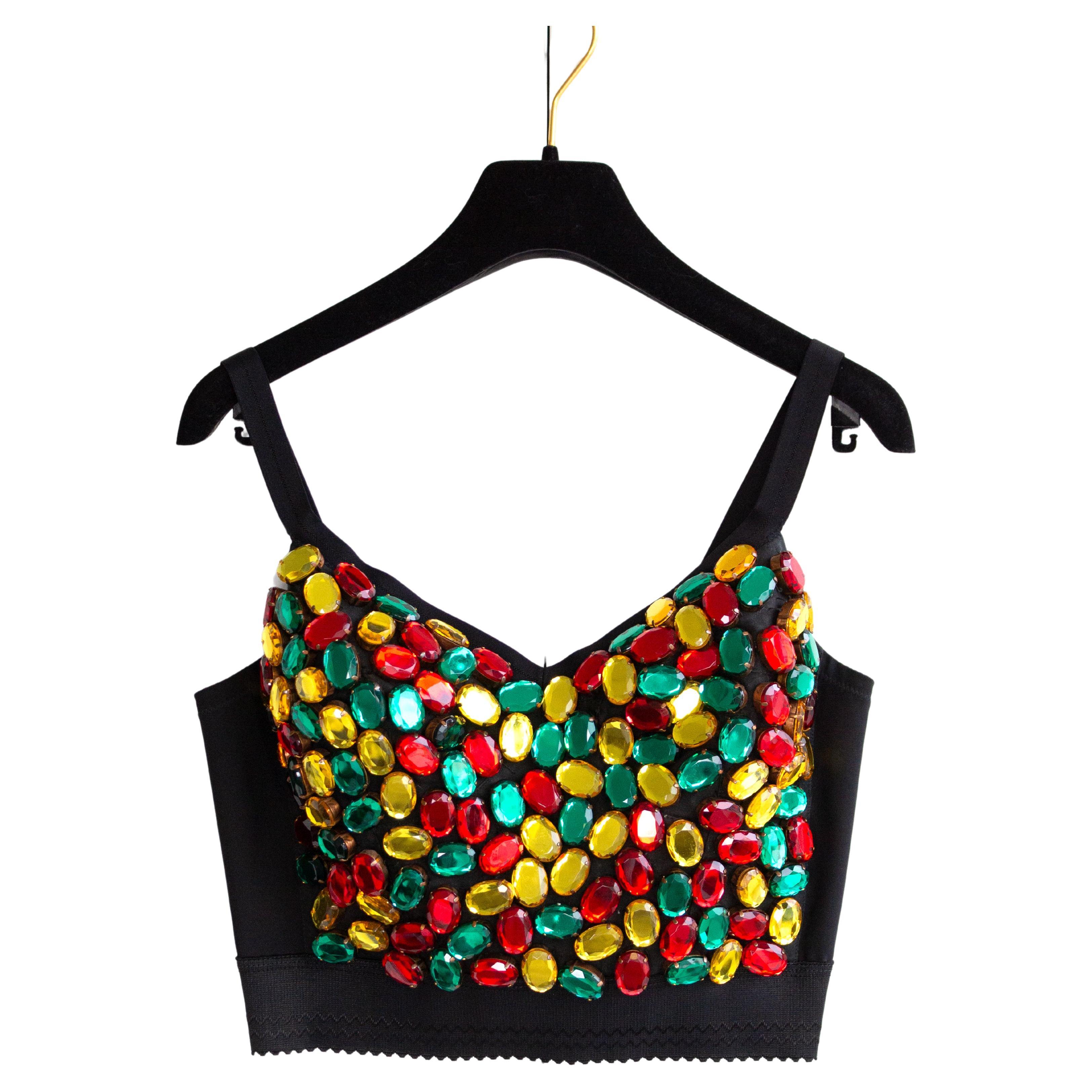 Dolce&Gabbana Vintage 1990s Rainbow Multicolor Crystal Candy Black Bustier Top For Sale
