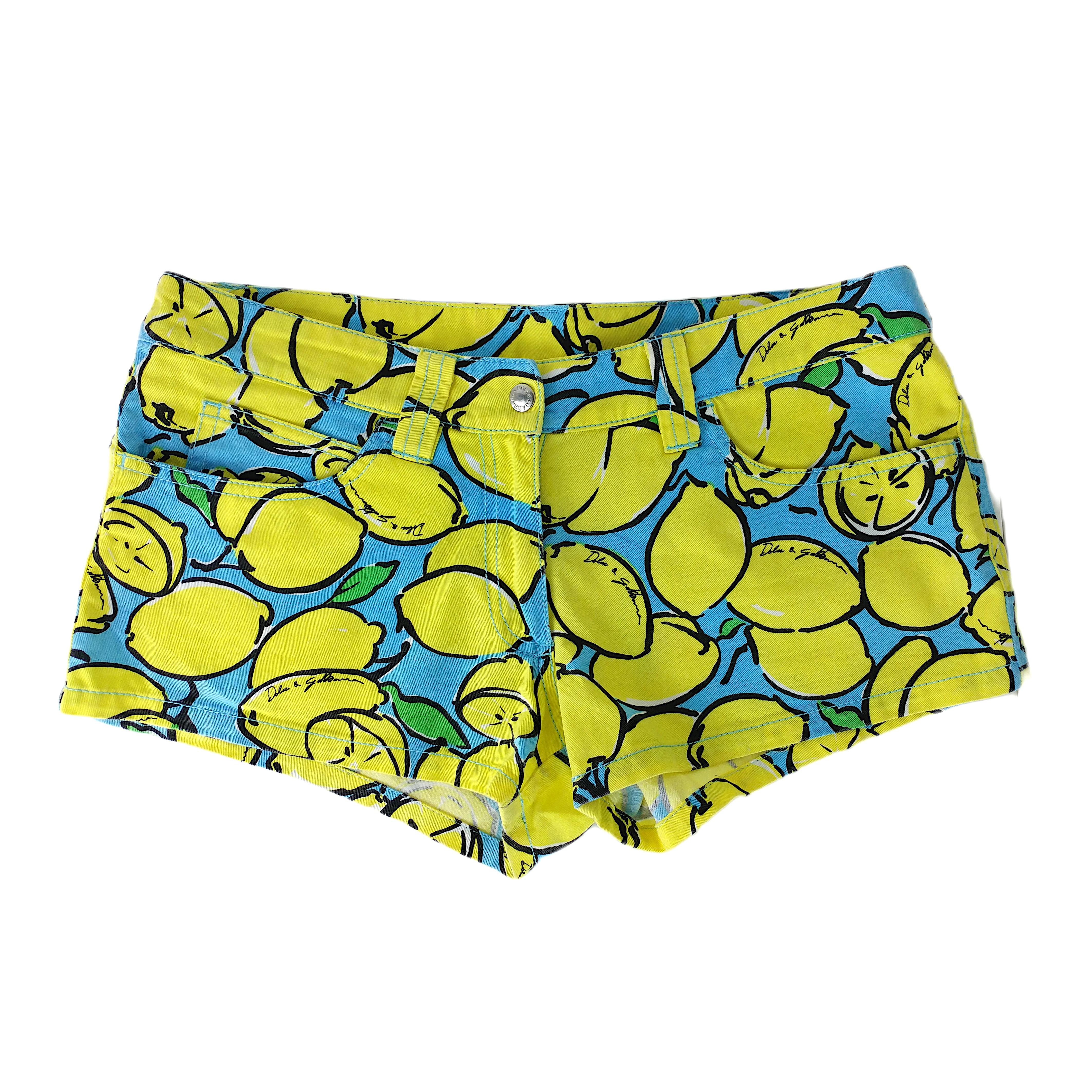 Women's DOLCE&GABBANA Vintage Hot Pants with Yellow Lemons Print on Capri Blue  Size S
