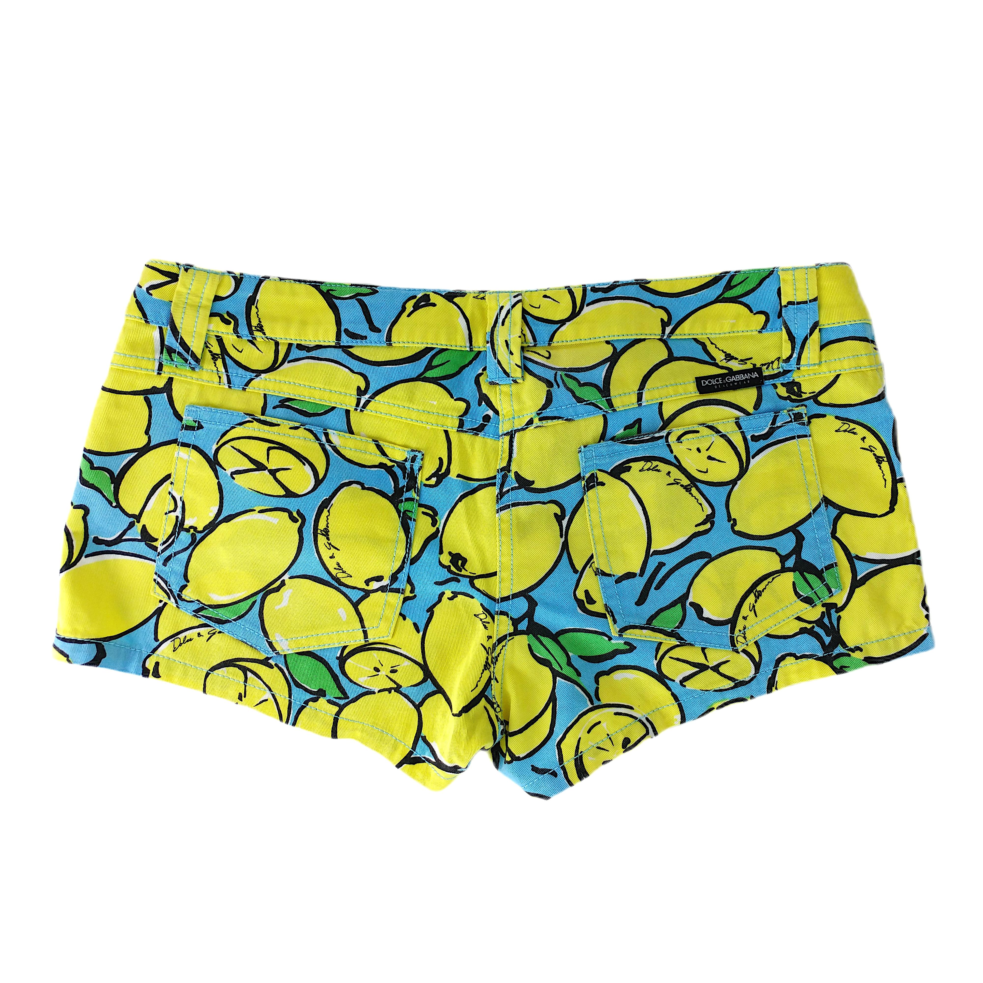 DOLCE&GABBANA Vintage Hot Pants with Yellow Lemons Print on Capri Blue  Size S 1