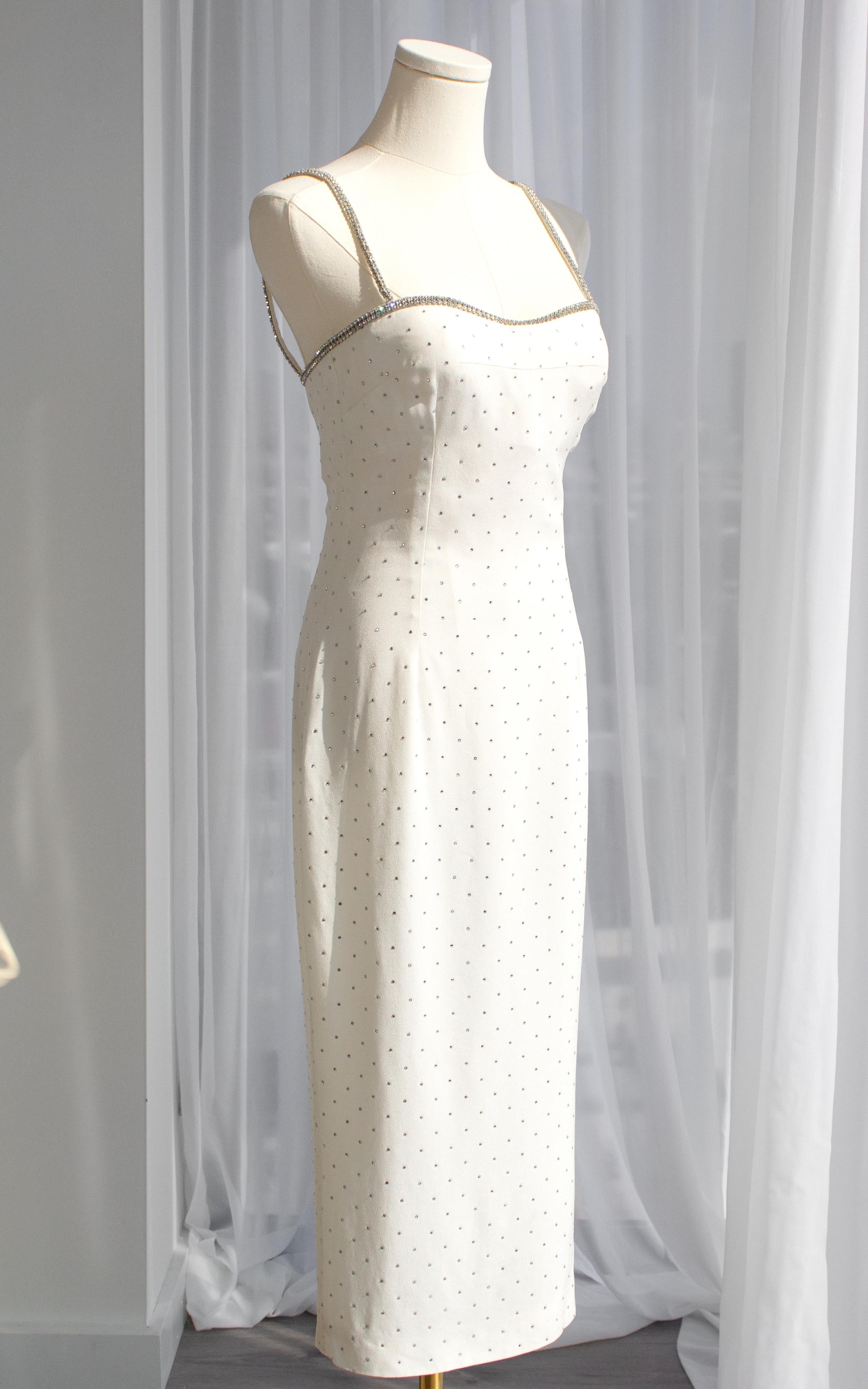 Gray Dolce&Gabbana Vintage S/S 1995 White Crystal Embellished Midi Dress For Sale
