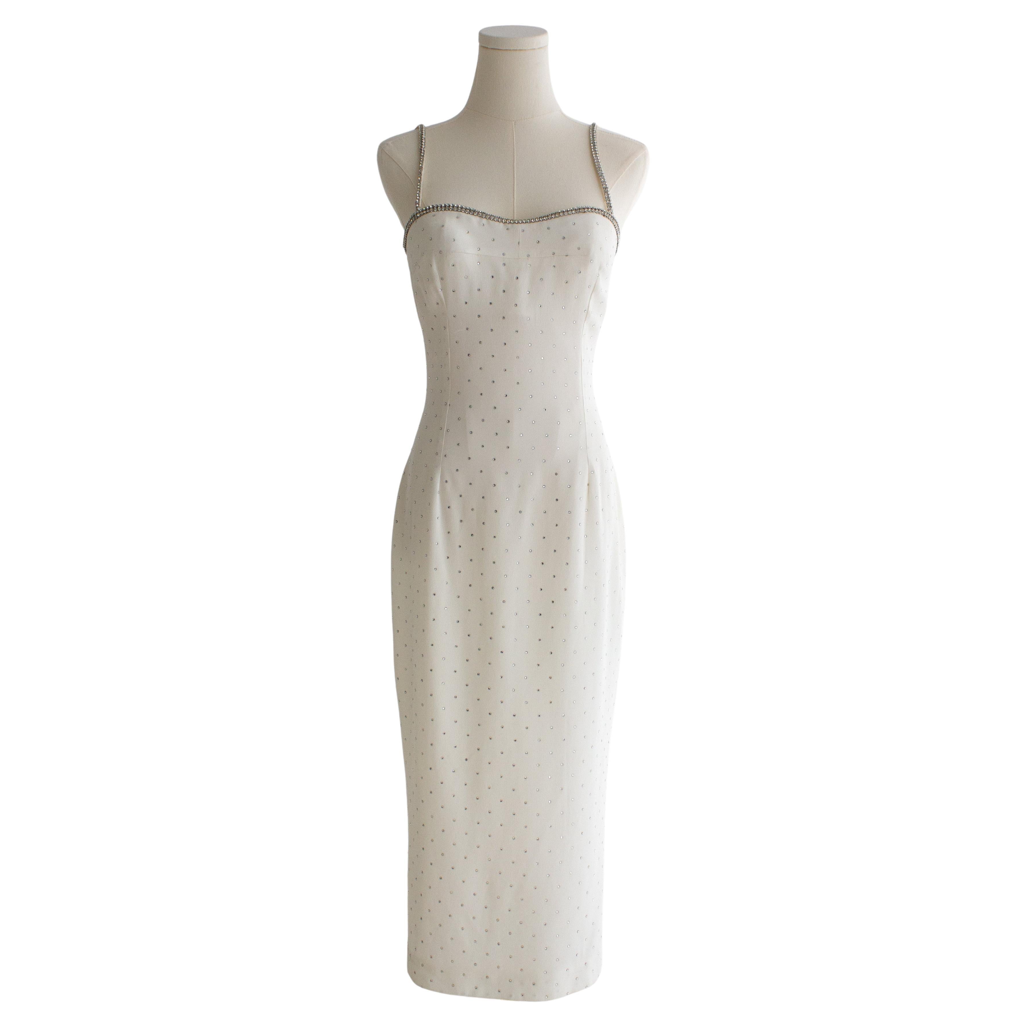 Dolce&Gabbana Vintage S/S 1995 White Crystal Embellished Midi Dress For Sale