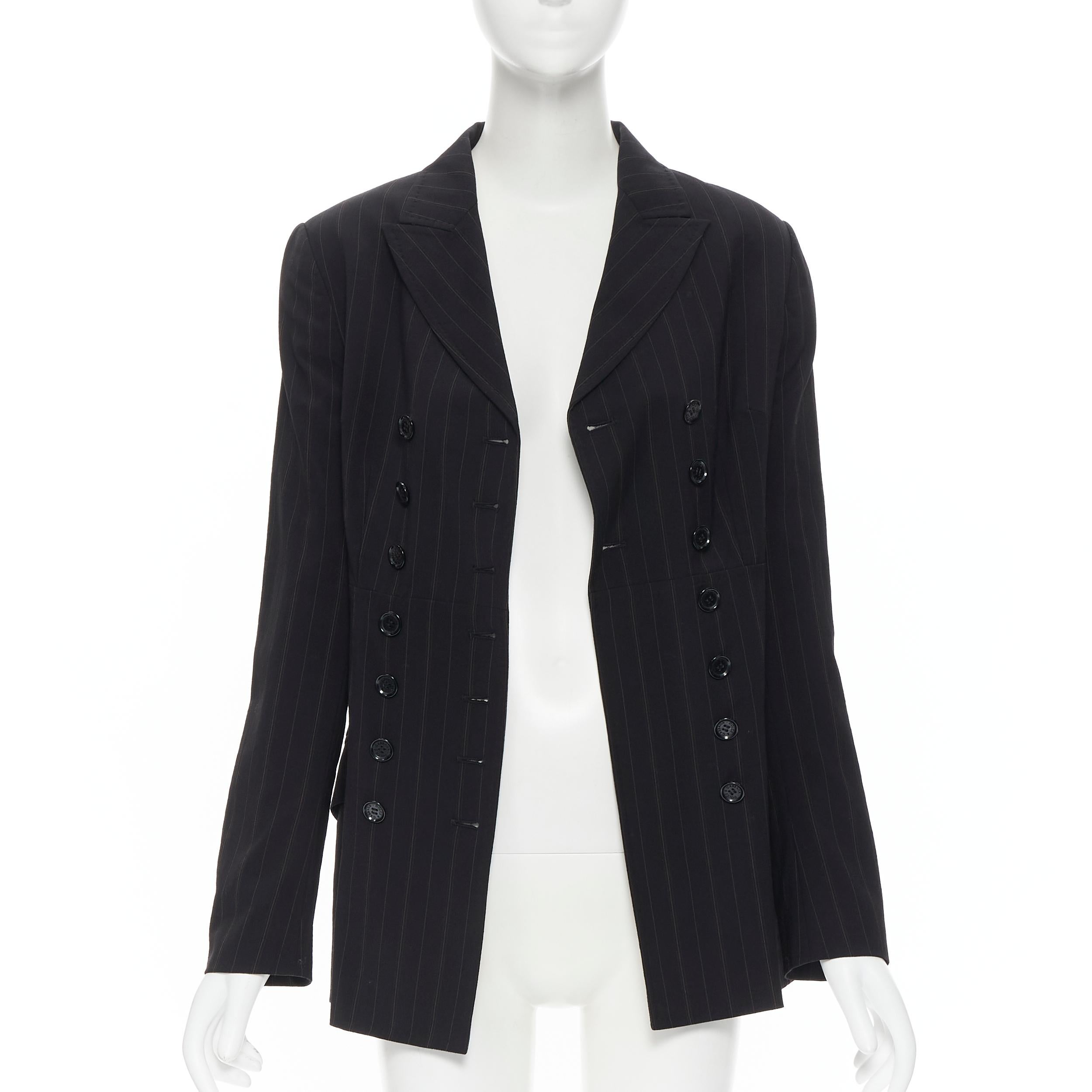 DOLE GABBANA black pinstripe wool double breasted blazer skirt set IT42 M 
Reference: GIYG/A00050 
Brand: Dolce Gabbana 
Material: Wool 
Color: Black 
Pattern: Striped 
Closure: Button 
Extra Detail: This blazer comes with the complimentary matching
