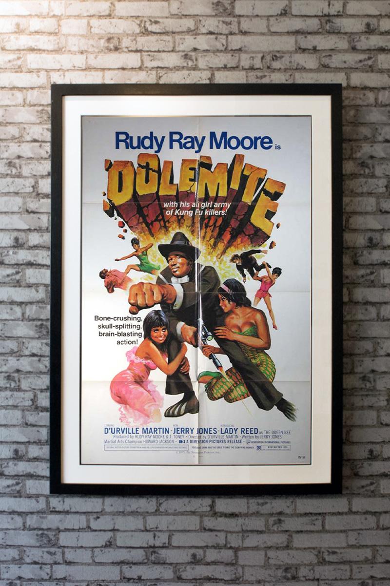 A wrongly jailed man (Rudy Ray Moore) and his female kung-fu friends seek vengeance on the rival (D'Urville Martin) who put him away.

Linen-backing £150

Framing options:
Glass and single mount £250
Glass and double mount £275
Anti UV glass