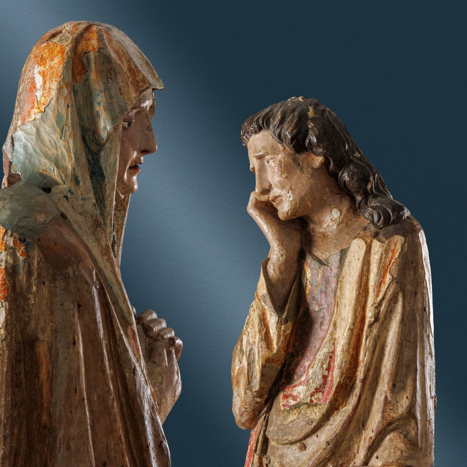 Dolenti (The Virgin and St. John the Evangelist). Piedmontese carver. 1470s For Sale 2