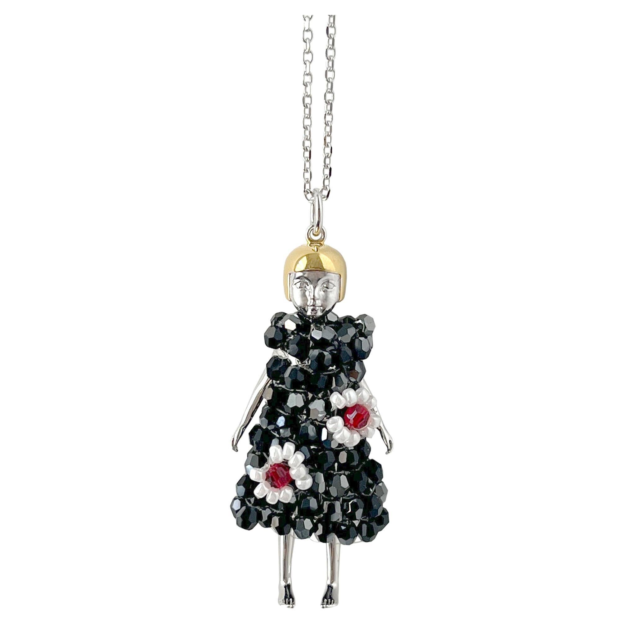 Doll Necklace with Black Flower Dress For Sale
