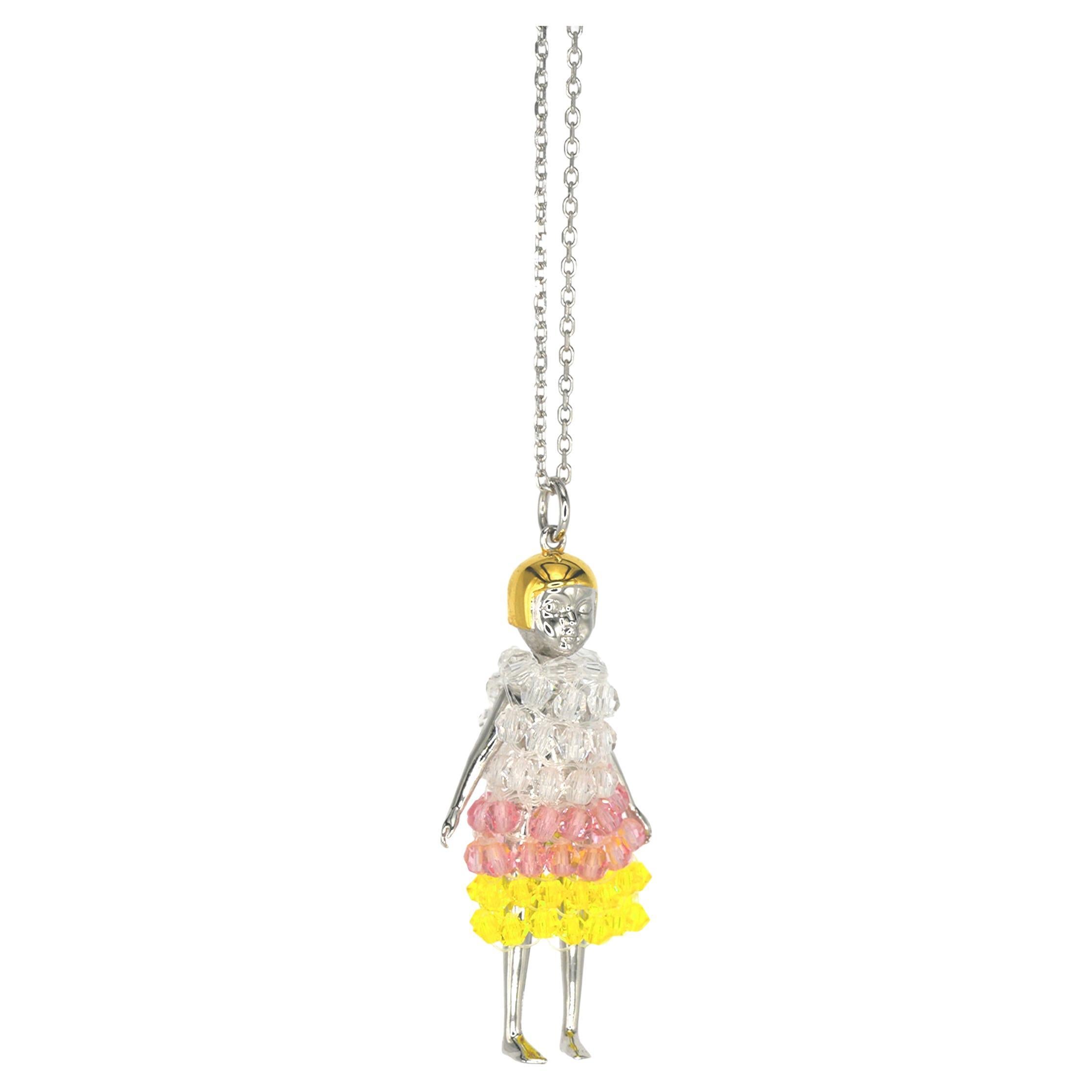 Doll Necklace with White Pink Yellow Dress For Sale