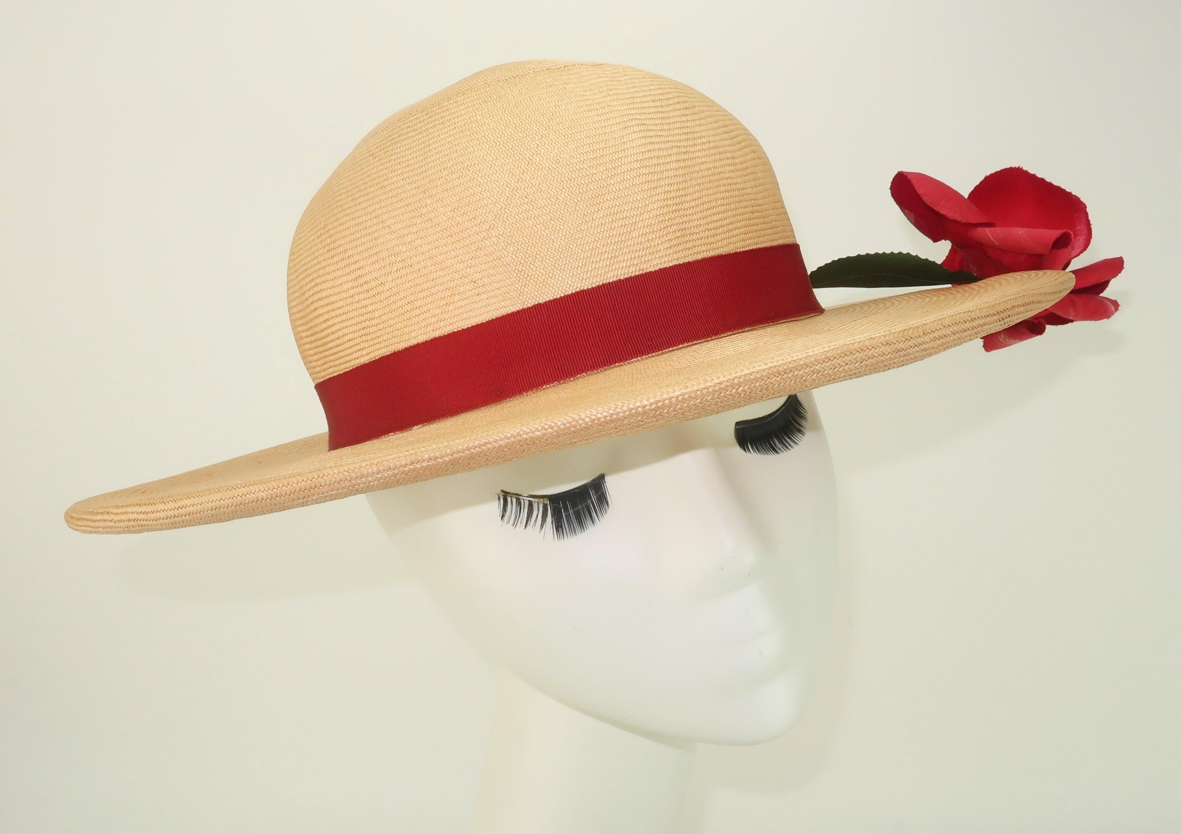 Dolly Madison Straw Hat With Red Rose, 1950’s In Good Condition For Sale In Atlanta, GA