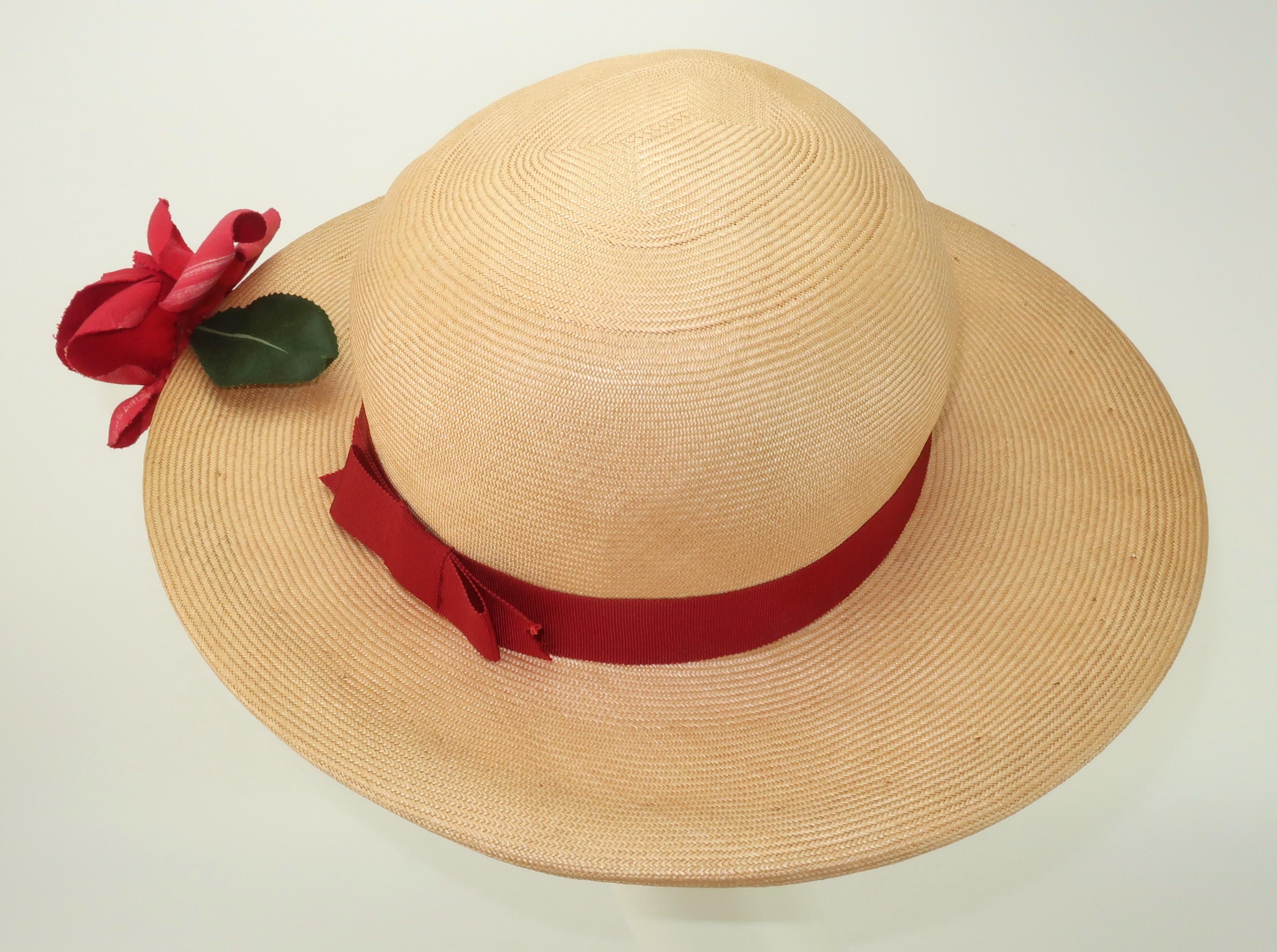 Women's Dolly Madison Straw Hat With Red Rose, 1950’s For Sale