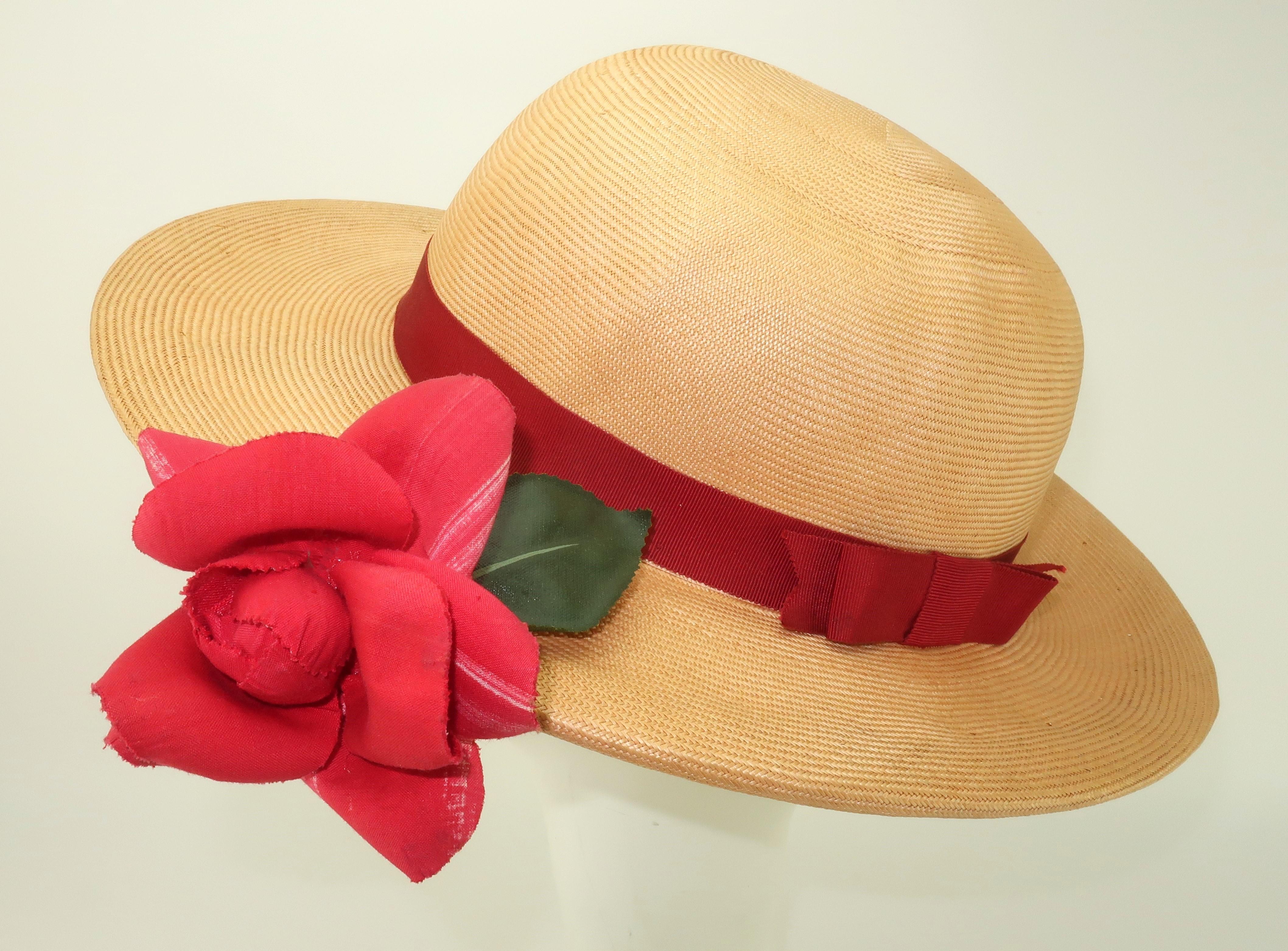 Dolly Madison Straw Hat With Red Rose, 1950’s For Sale 1