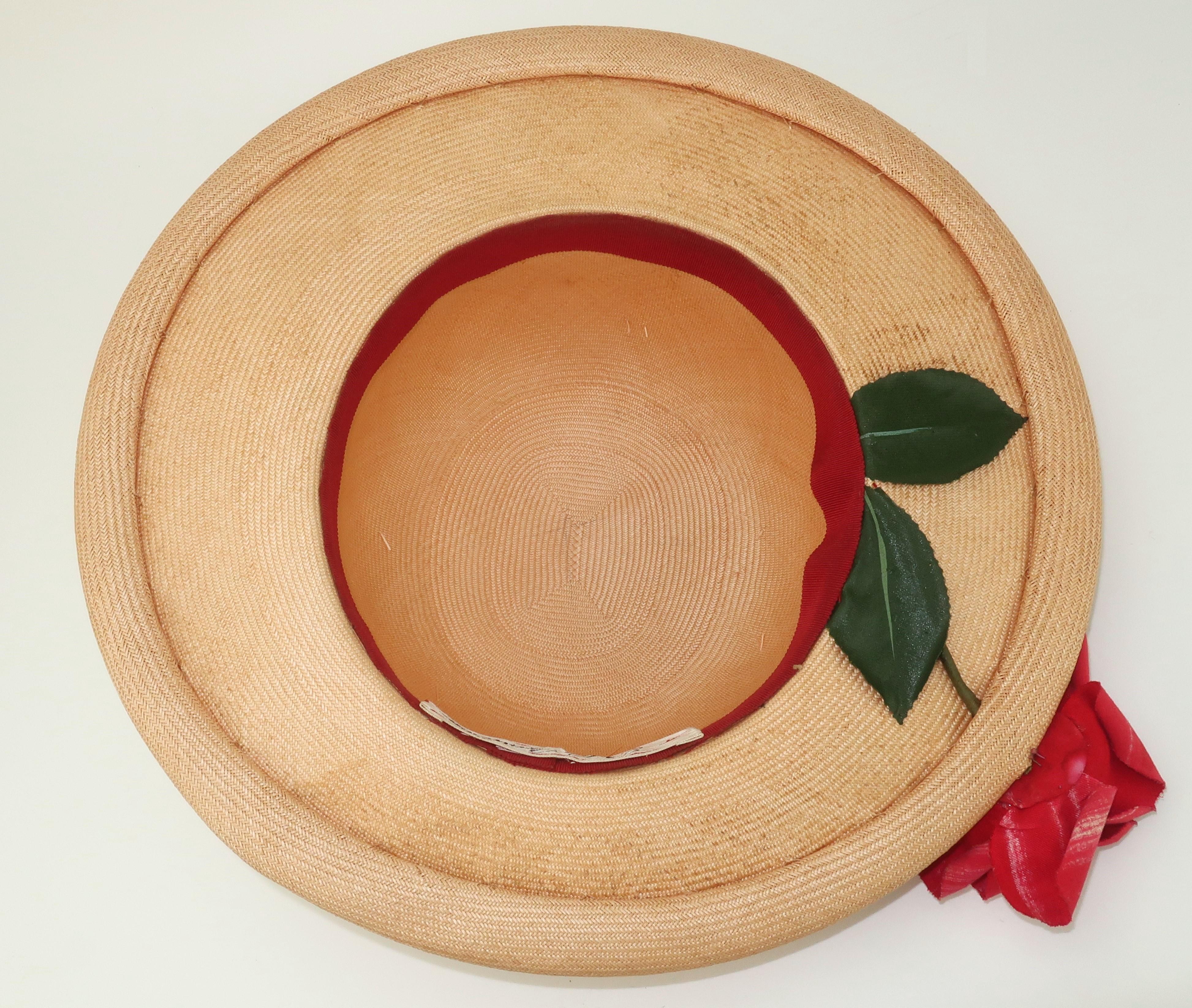 Dolly Madison Straw Hat With Red Rose, 1950’s For Sale 4