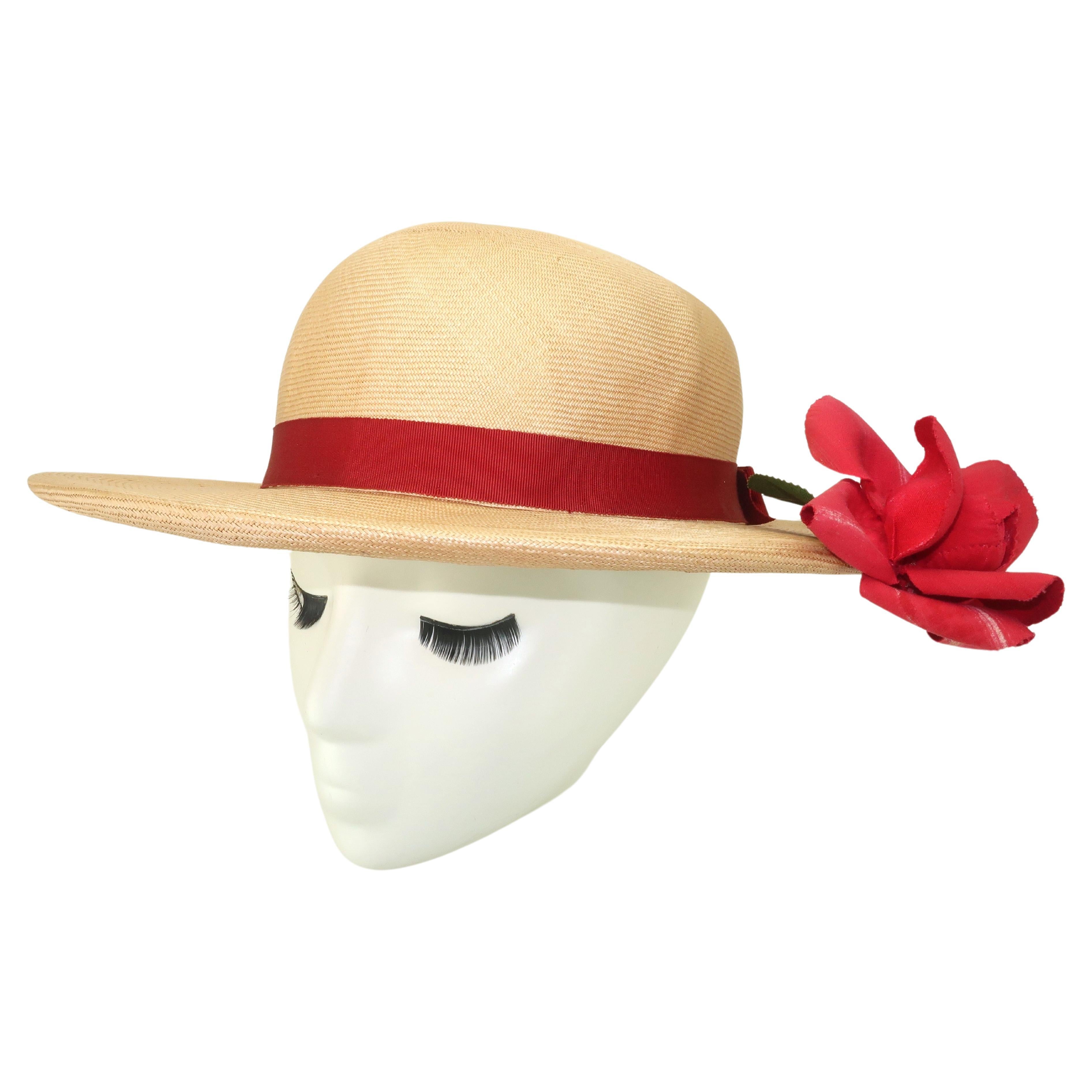 Dolly Madison Straw Hat With Red Rose, 1950’s For Sale