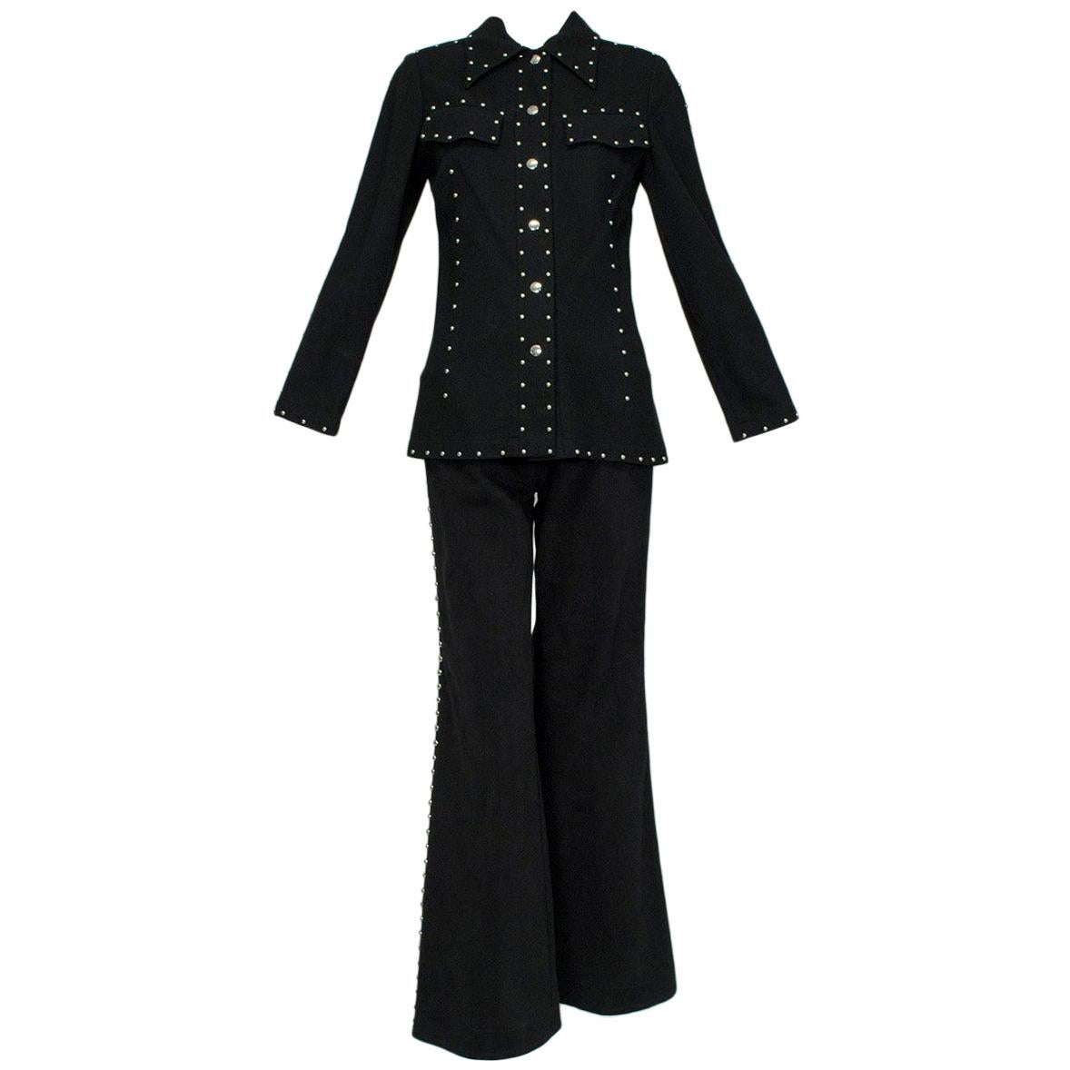 Graceland Black Silver Stud Wool Bellbottom Ranch Wear Rodeo Set - S-M, 1960s For Sale