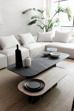 Two Pedestal Coffee Tables in black marble and walnut wood set