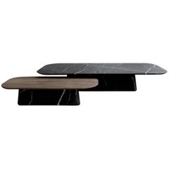 Two Pedestal Coffee Tables in black marble and walnut wood set