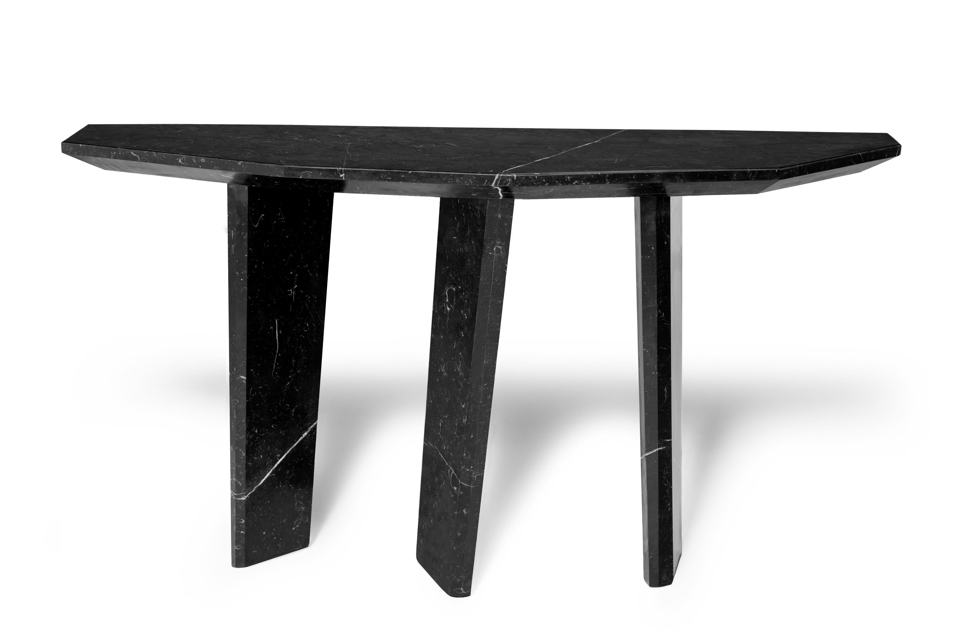 Dolmen Console by Ginger & Jagger
Dimensions: D 50 x W 160 x H 87 cm. 
Materials: Negro Marquina marble.
Finish: Negro Marquina marble in honed finishing.

This product is suitable for custom size. This product is made for living areas and interior