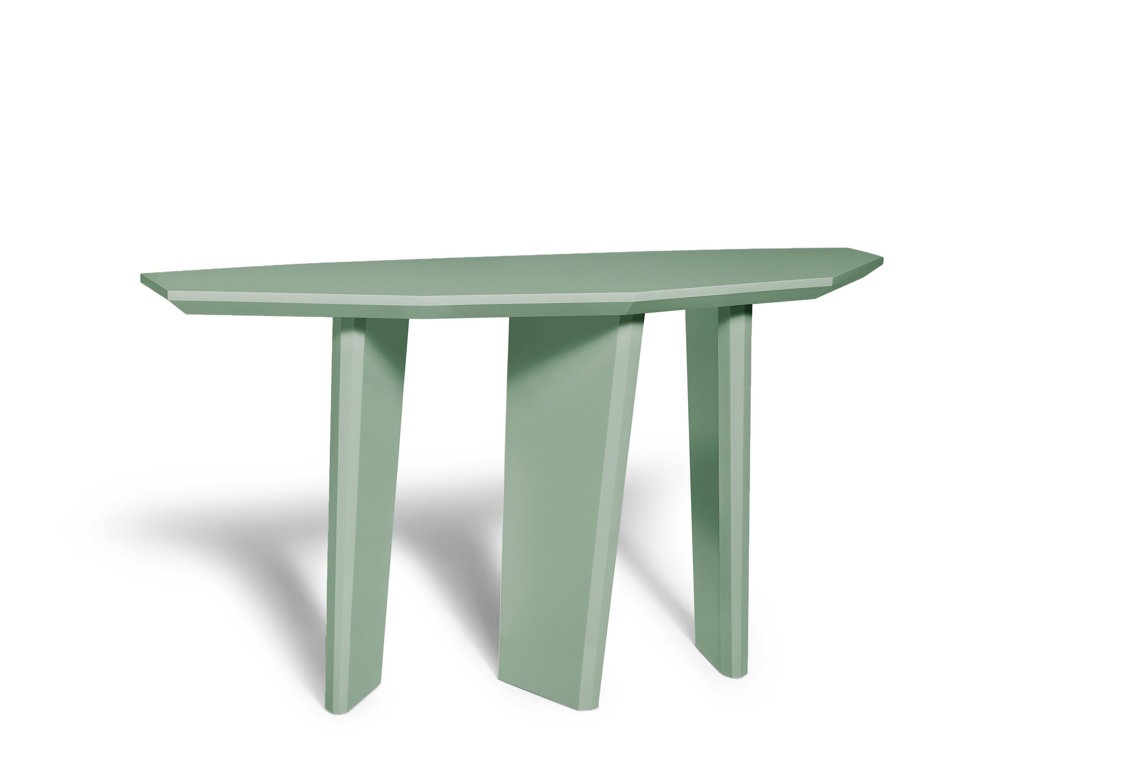 Dolmen Console by Ginger & Jagger
Dimensions: D 50 x W 160 x H 87 cm. 
Materials: Lacquer.
Finish: Lacquered in Miosotis, in gloss finishing.

This product is suitable for custom size. This product is made for living areas and interior spaces only.