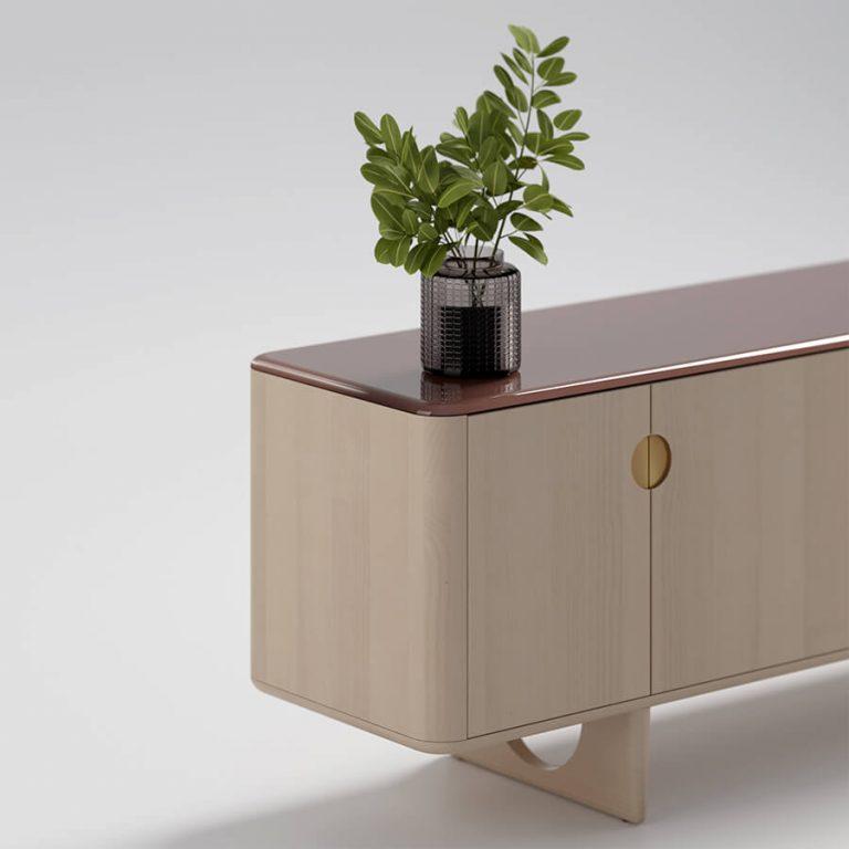 Moderno Credenza Dolmen - Faggio nordico con inserti in ottone in vendita