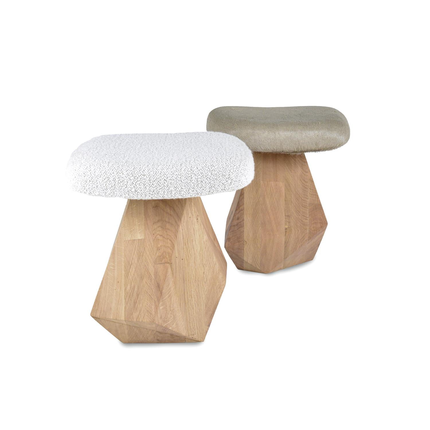 Dolmen Stool, Upholstery in Fabric, Hand Carved Ash/Beech Base In New Condition For Sale In Fiscal Amares, PT