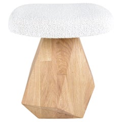 Dolmen Stool, Upholstery in Fabric, Hand Carved Ash/Beech Base