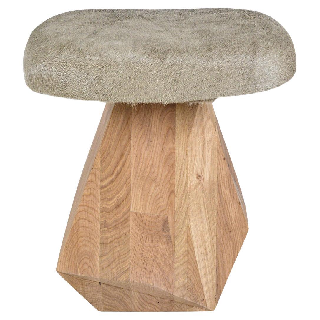 Dolmen Stool, Upholstery in Leather, Hand Carved Ash/Beech Base For Sale