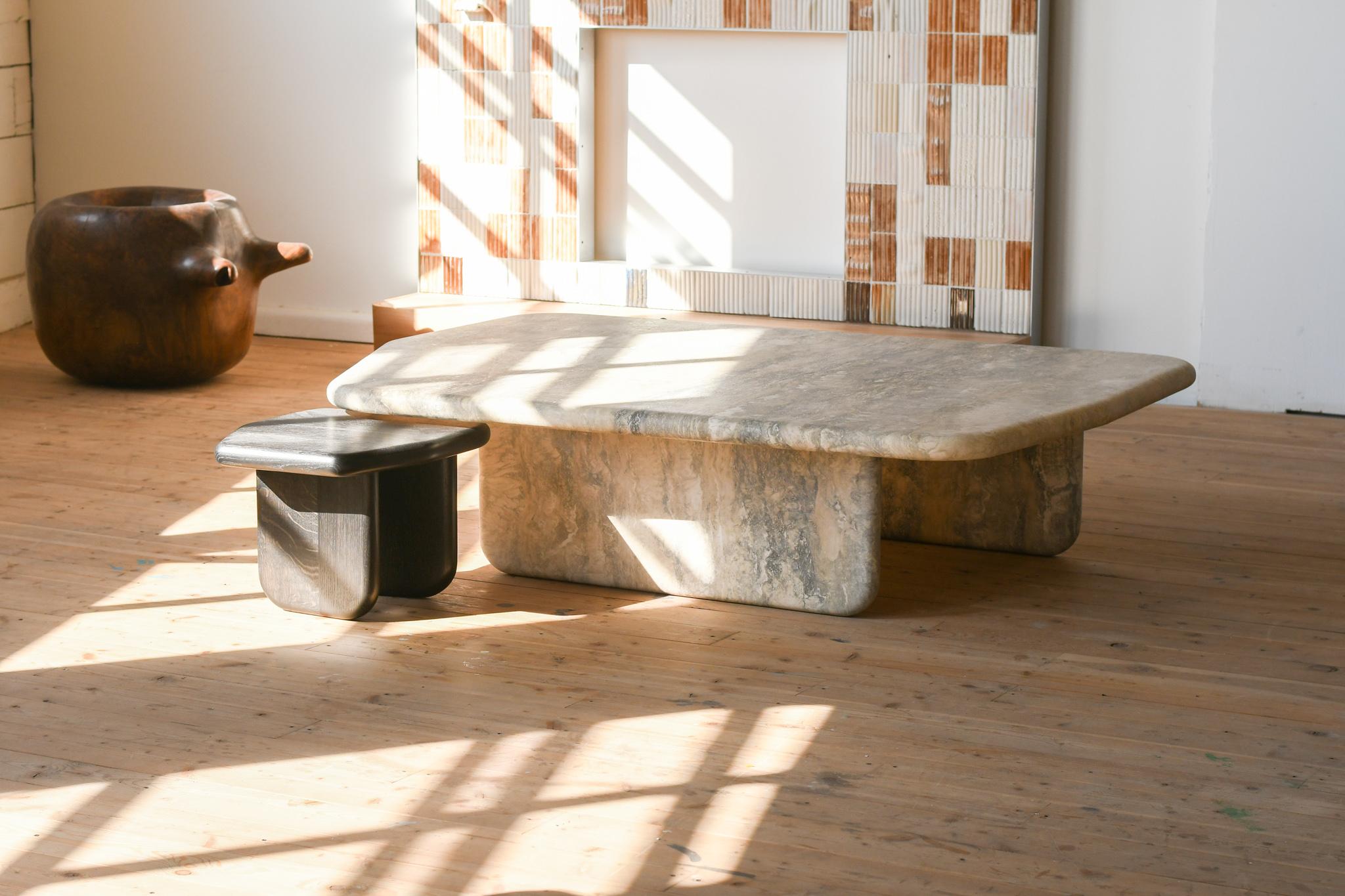 Dolmen Table, nesting pair in Silver Travertine and Ebonized Oak For Sale 6