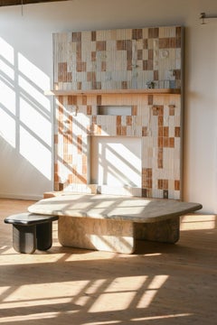 Dolmen Table, nesting pair in Silver Travertine and Ebonized Oak