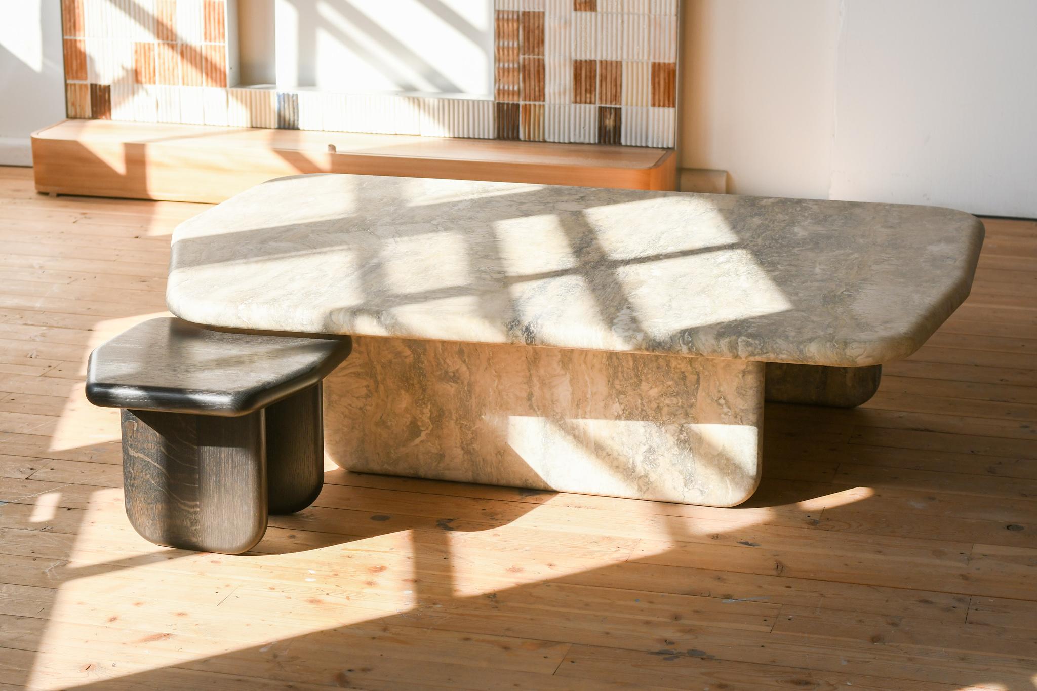 Canadian Dolmen Table, nesting pair in Silver Travertine and Ebonized Oak For Sale