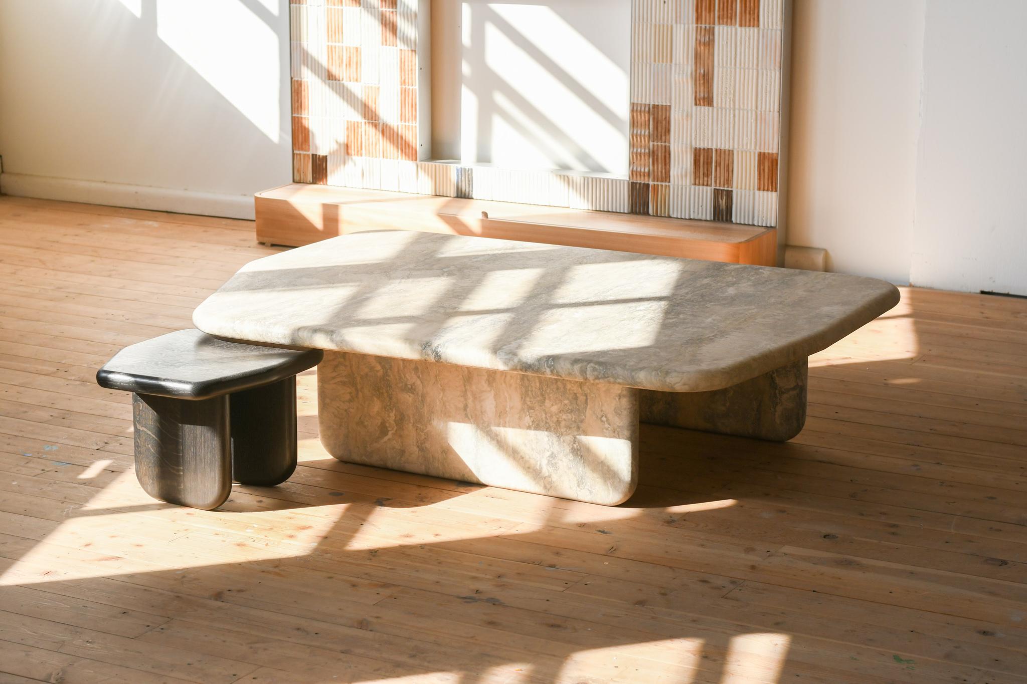 Dolmen Table, nesting pair in Silver Travertine and Ebonized Oak In New Condition For Sale In Vancouver, BC