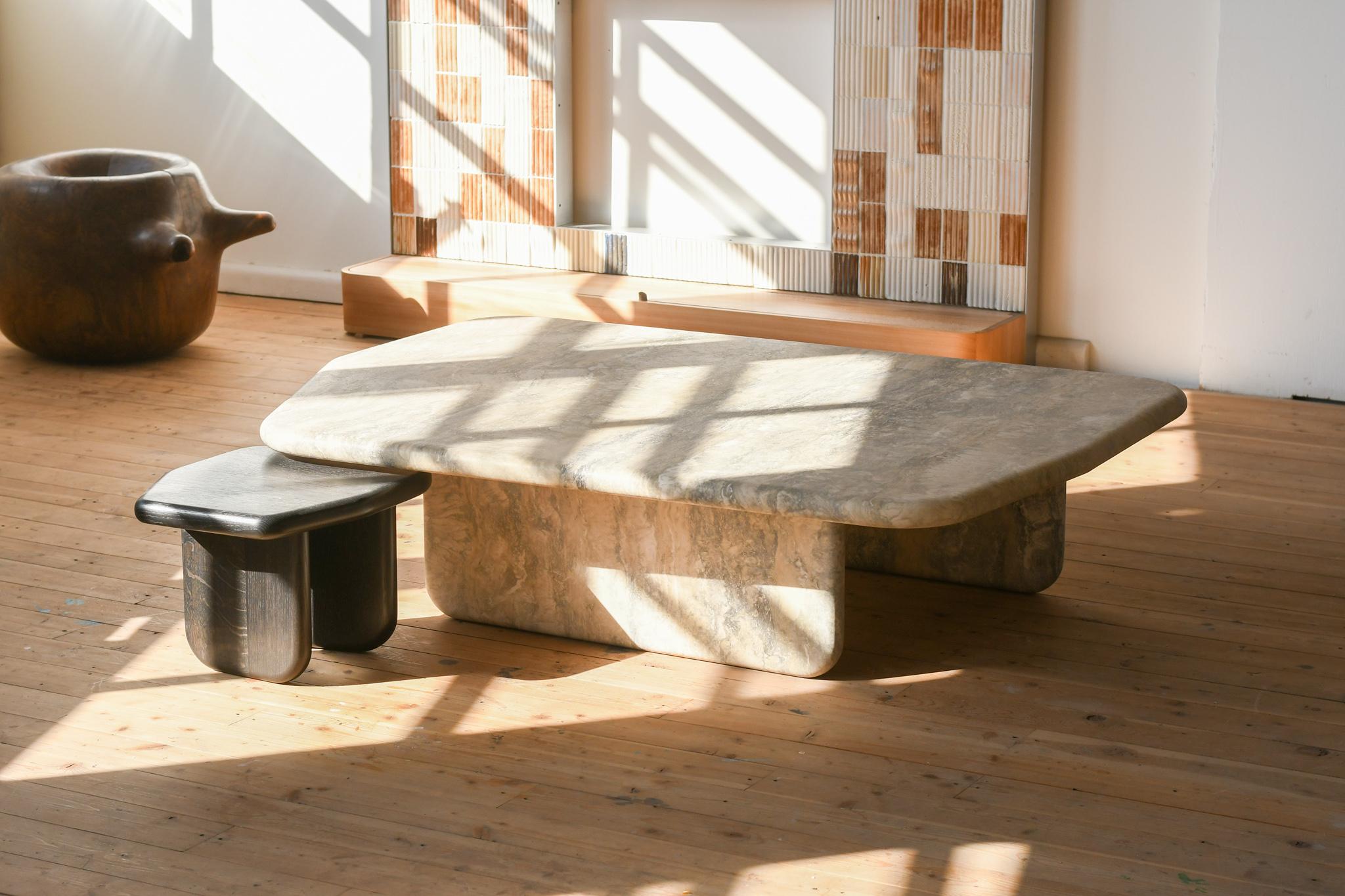 Contemporary Dolmen Table, nesting pair in Silver Travertine and Ebonized Oak For Sale