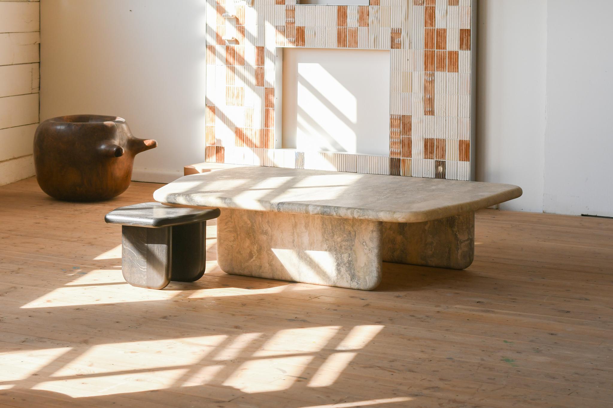 Dolmen Table, nesting pair in Silver Travertine and Ebonized Oak For Sale 1