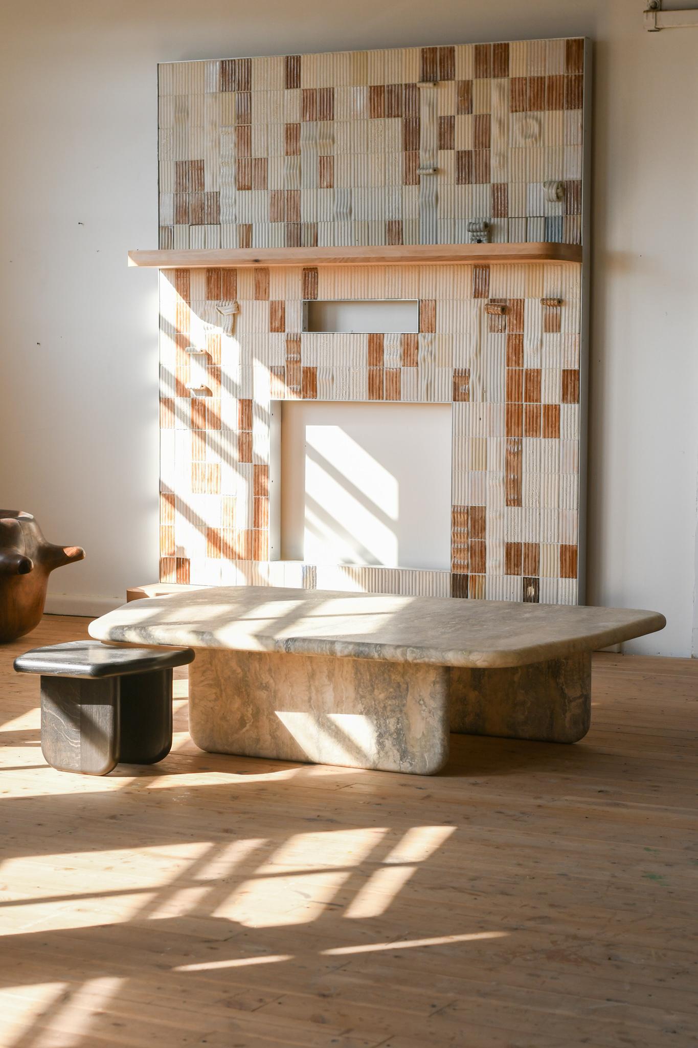 Dolmen Table, nesting pair in Silver Travertine and Ebonized Oak For Sale 2