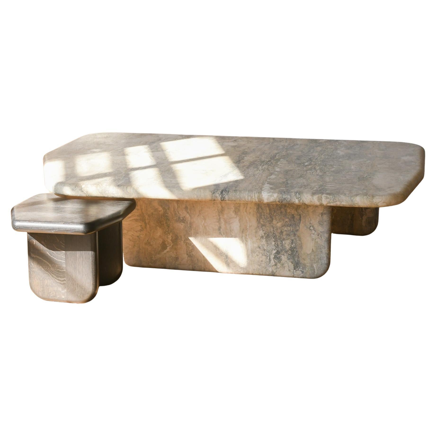 Dolmen Table, nesting pair in Silver Travertine and Ebonized Oak