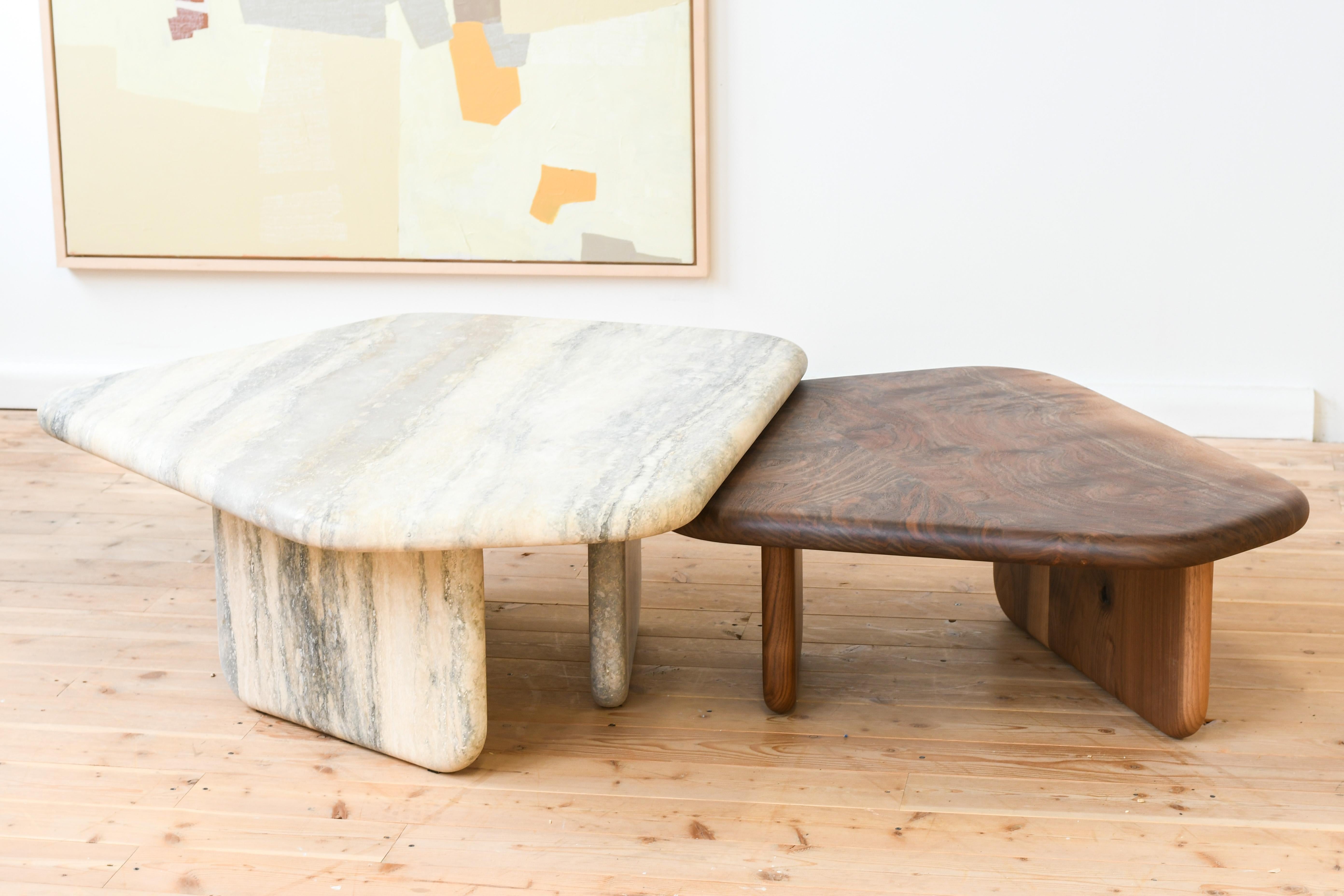 Dolmen Table pair in Silver Travertine and Claro Walnut by Jeff Martin Joinery In New Condition For Sale In Vancouver, BC