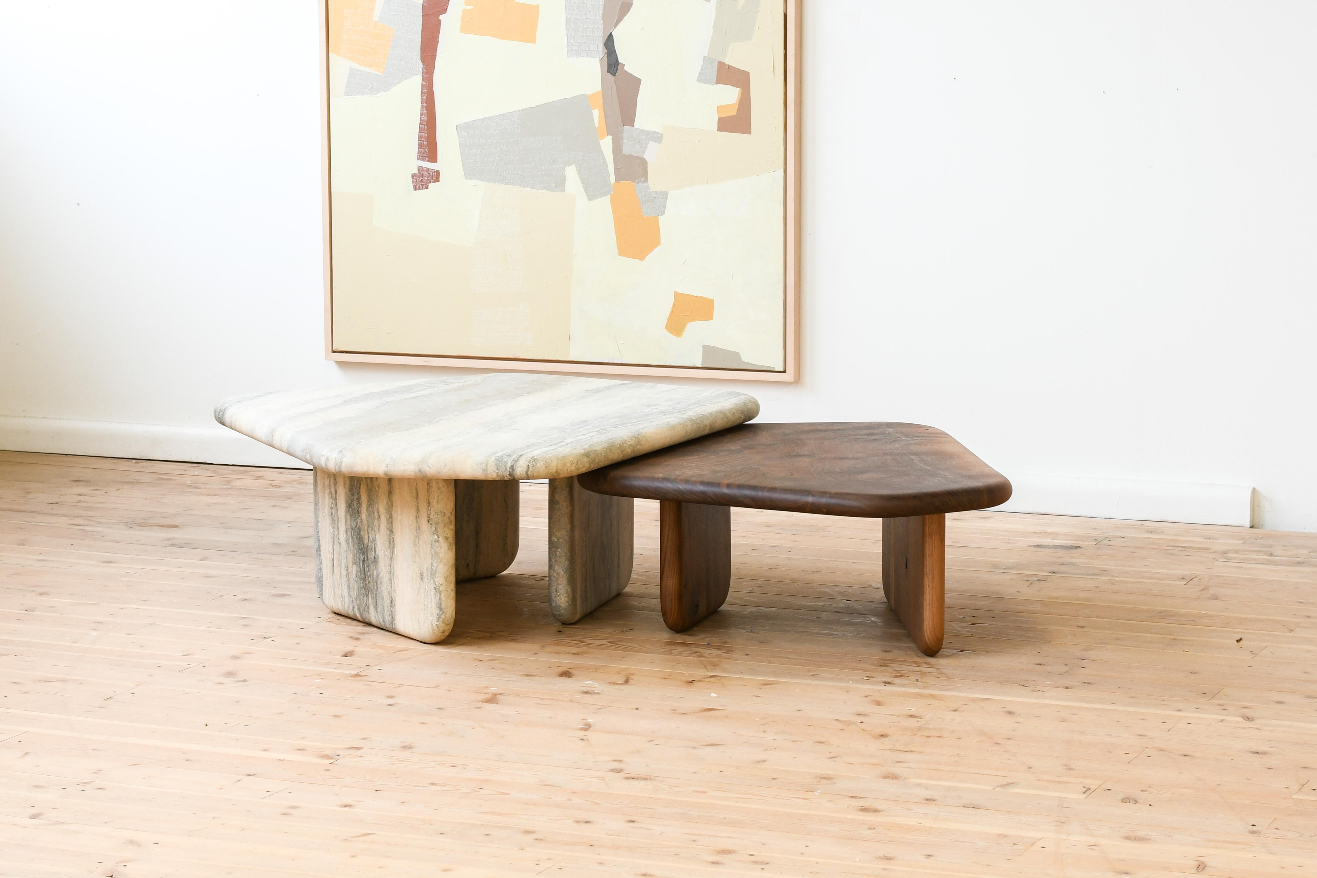 Contemporary Dolmen Table pair in Silver Travertine and Claro Walnut by Jeff Martin Joinery For Sale