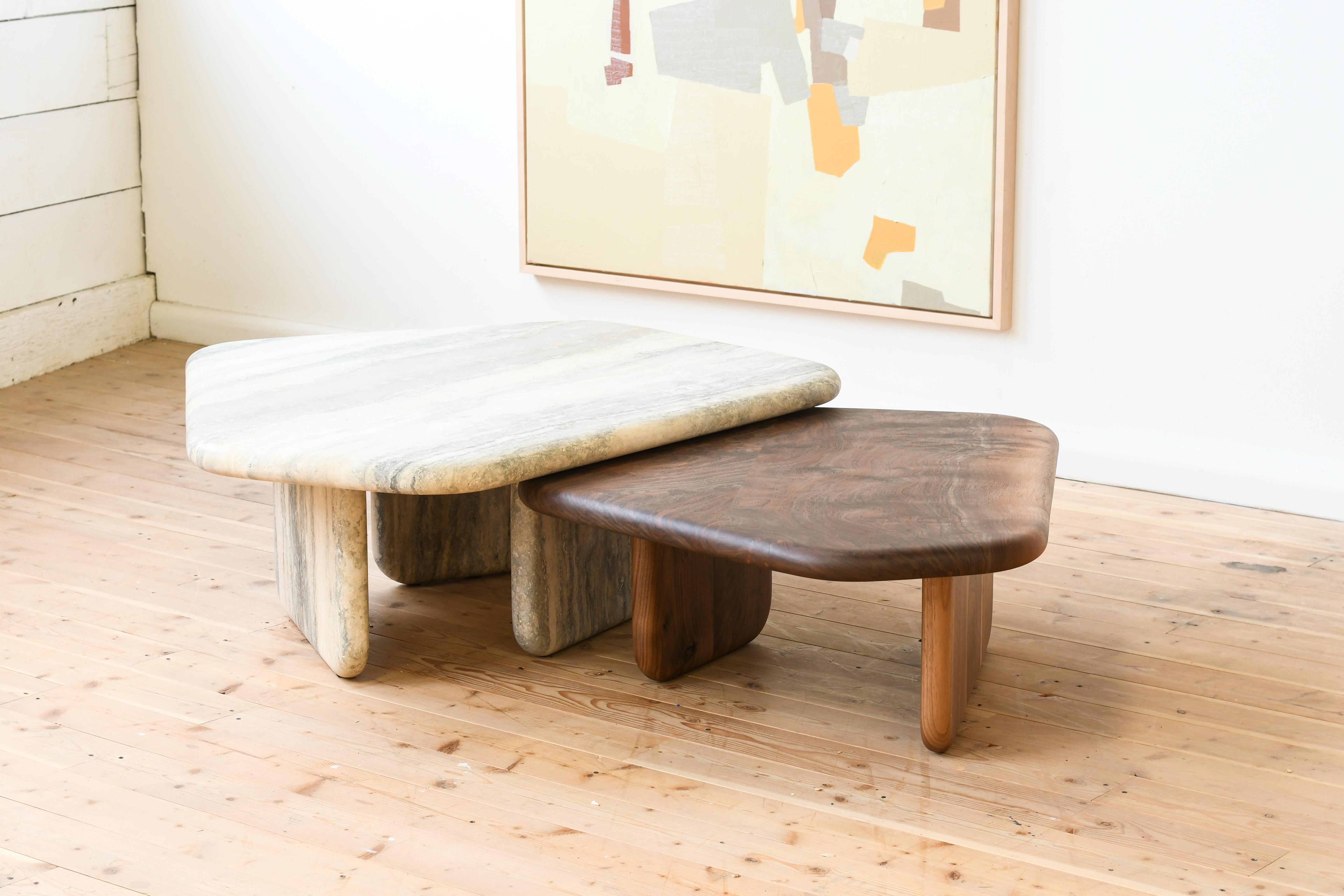 Dolmen Table pair in Silver Travertine and Claro Walnut by Jeff Martin Joinery For Sale 1