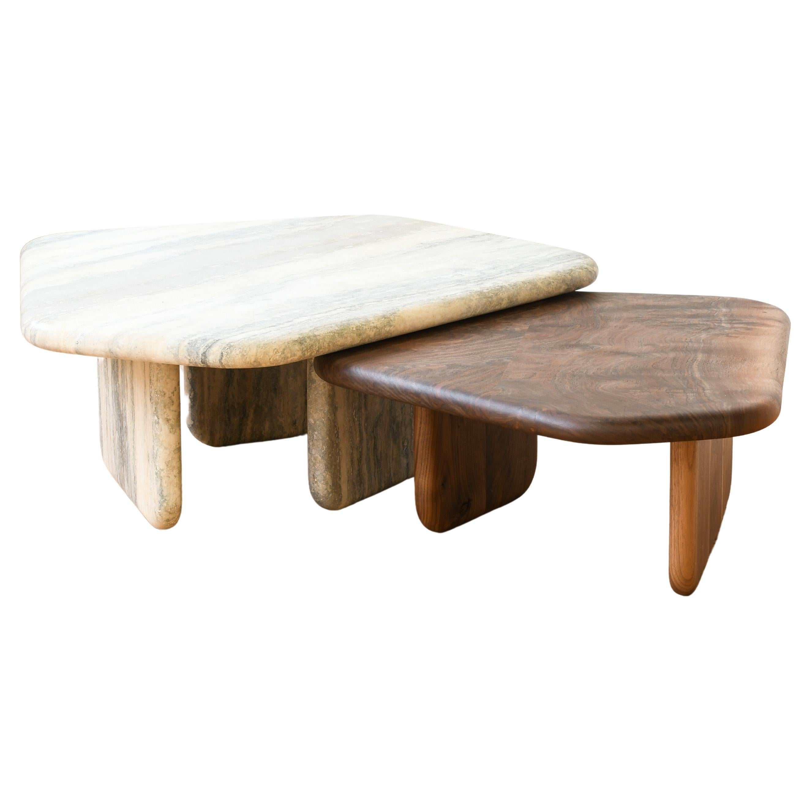 Dolmen Table pair in Silver Travertine and Claro Walnut by Jeff Martin Joinery For Sale