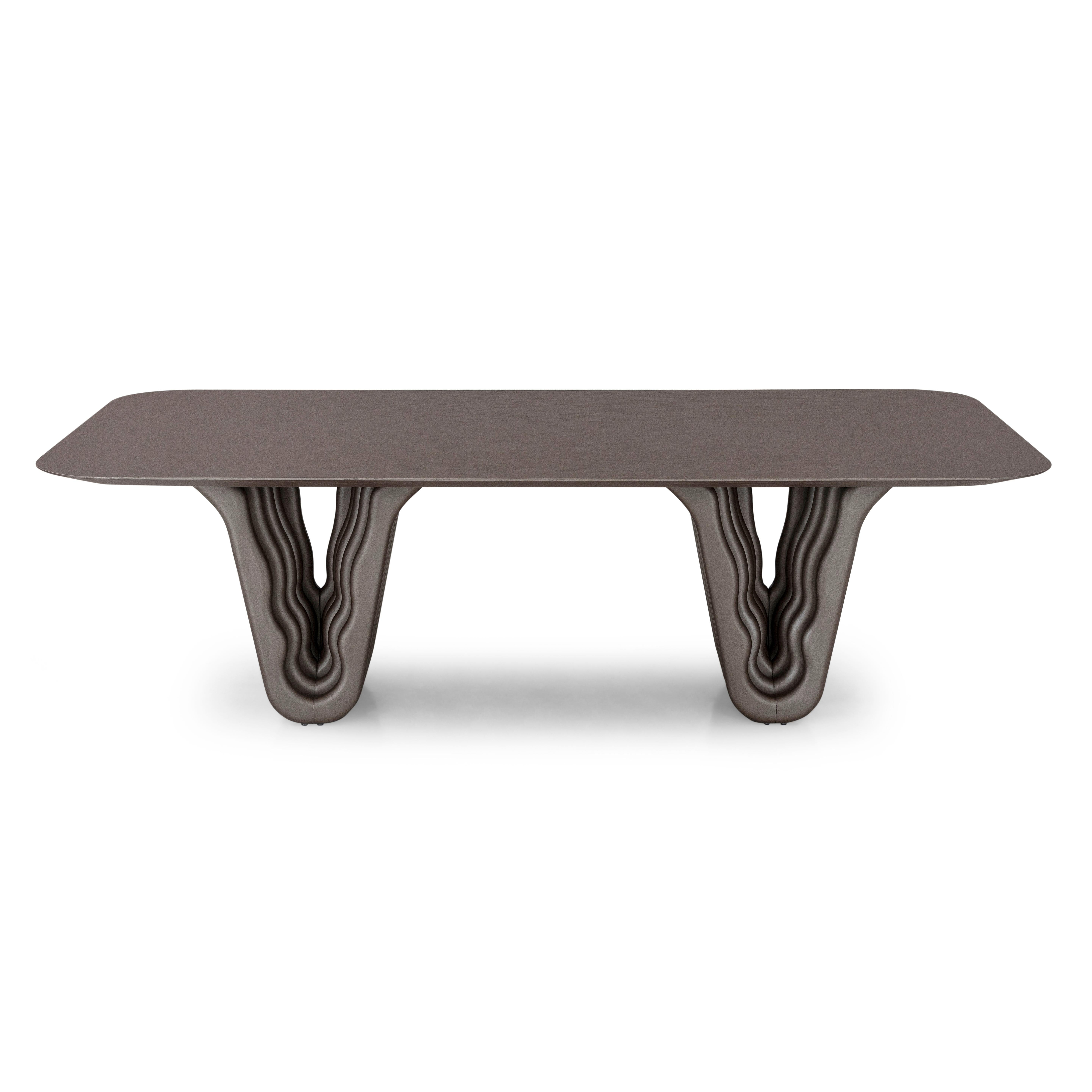 Moderne Table de salle à manger en chêne chocolat avec base sculpturale et plateau de 98 pouces, Dolomitas Line en vente