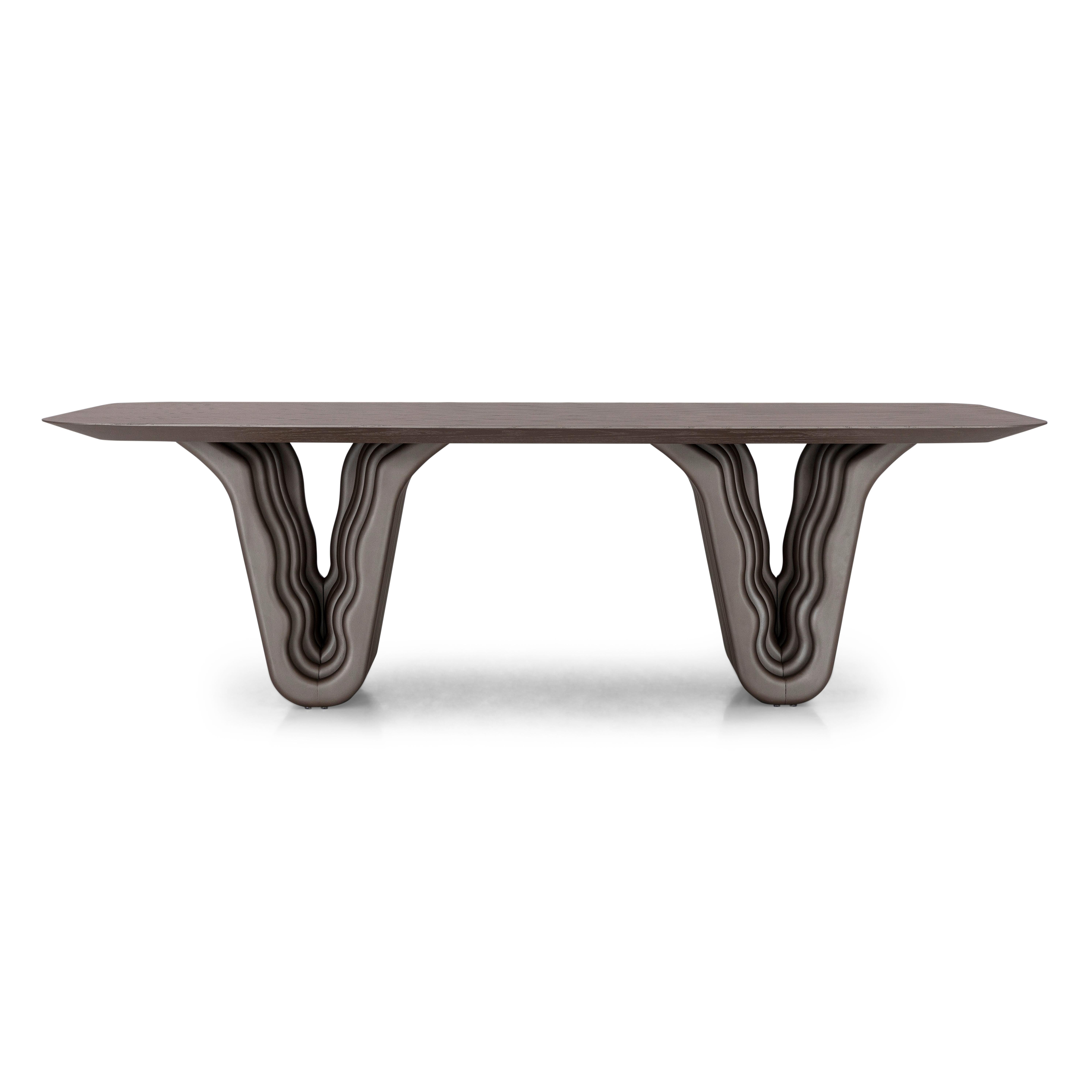 Chêne Table de salle à manger en chêne chocolat avec base sculpturale et plateau de 98 pouces, Dolomitas Line en vente