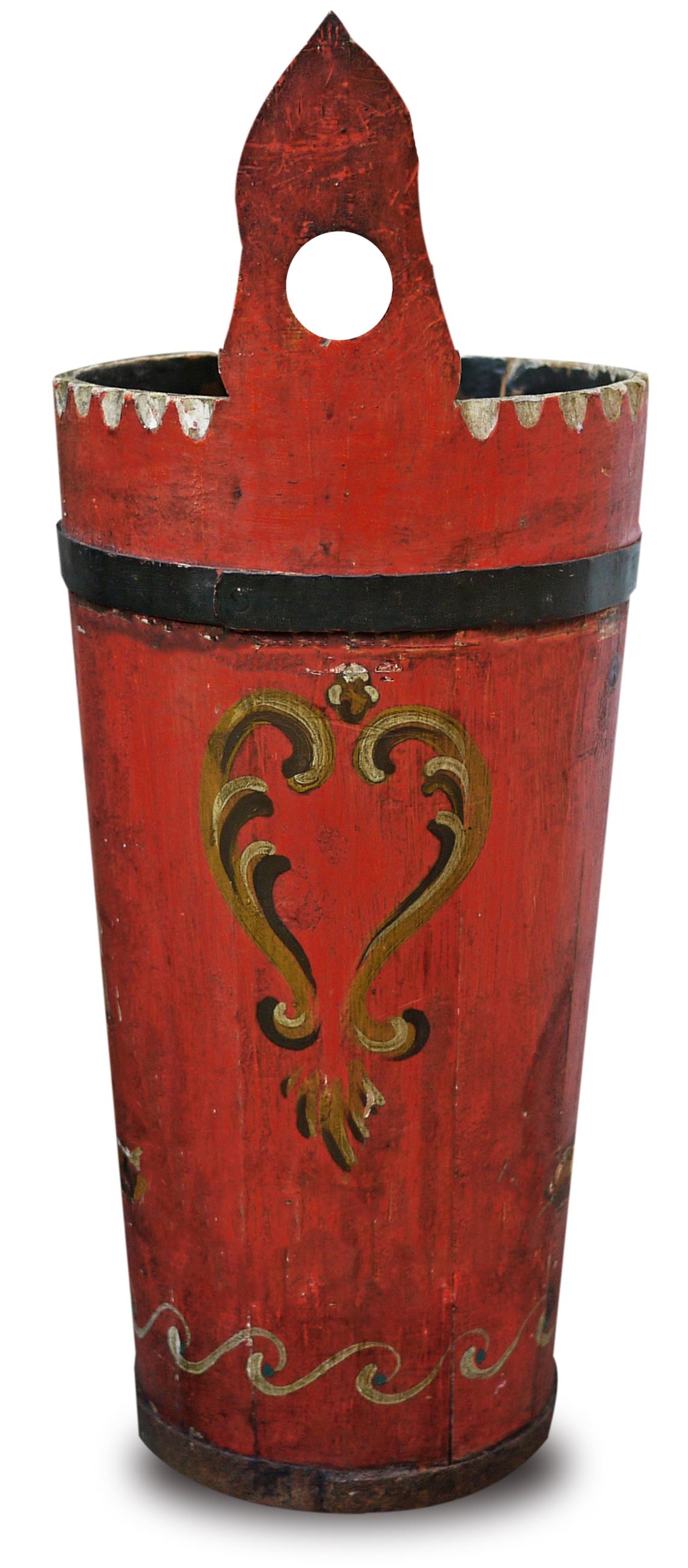 Dolomites ancient painted wooden bucket

Measures: Height 55 cm – Diameter 23 cm

Hand painted old Tyrolean bucket (churn). Red background. Richly decorated on all sides; on the front, in particular, we find colorful flowers.

This particular