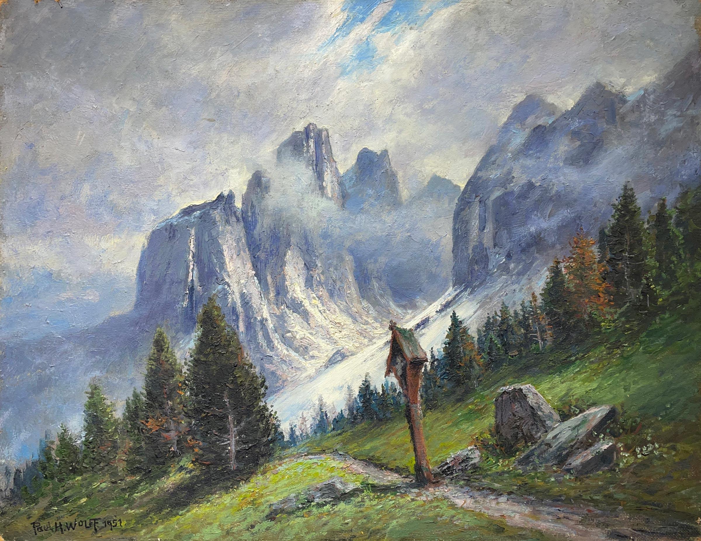 Dolomites Mountains Landscape Oil Painting, 1910 In Good Condition In Albignasego, IT