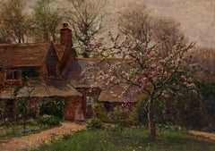 Cherry Blossom Tree Mother & Child Cottage Garden Landscape Antique English Oil