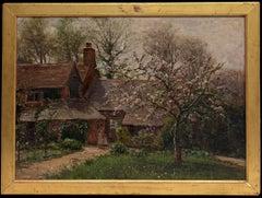 Cherry Blossom Tree Mother & Child Cottage Garden Landscape Antique English Oil