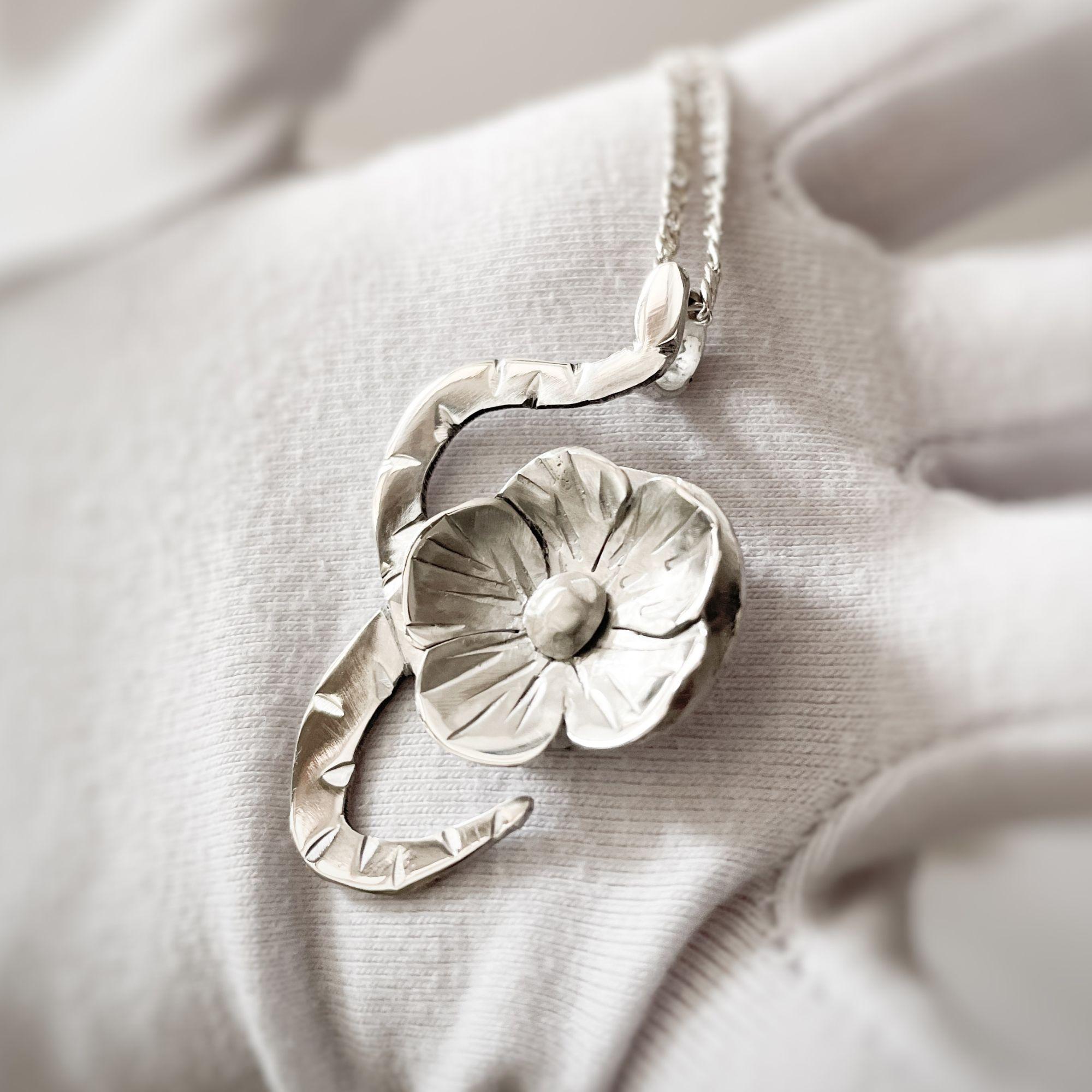 Dolores Ortega Sterling Silver Large Snake and Bloom Pendant – Botanical Handmad For Sale 5