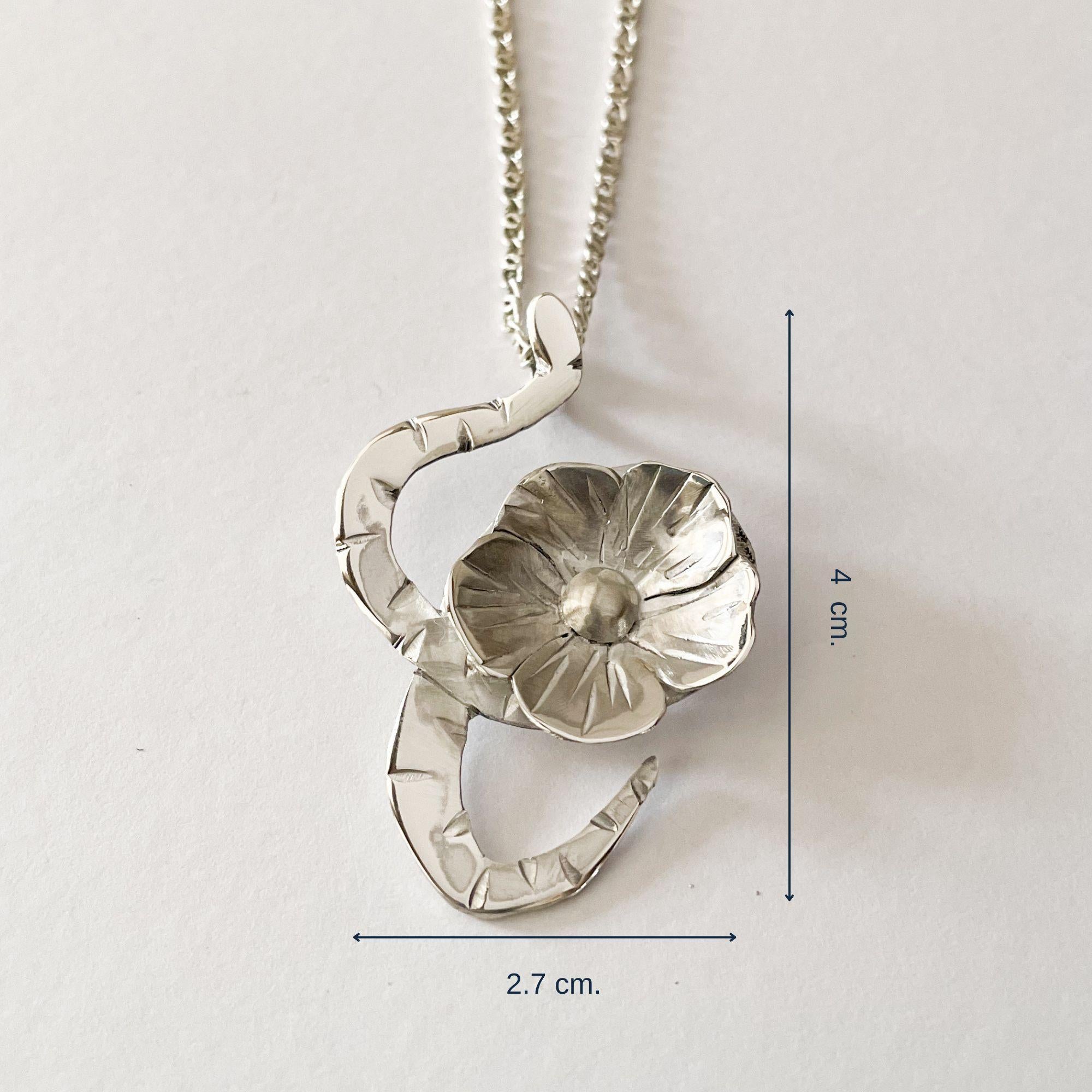 Artisan Dolores Ortega Sterling Silver Large Snake and Bloom Pendant – Botanical Handmad For Sale