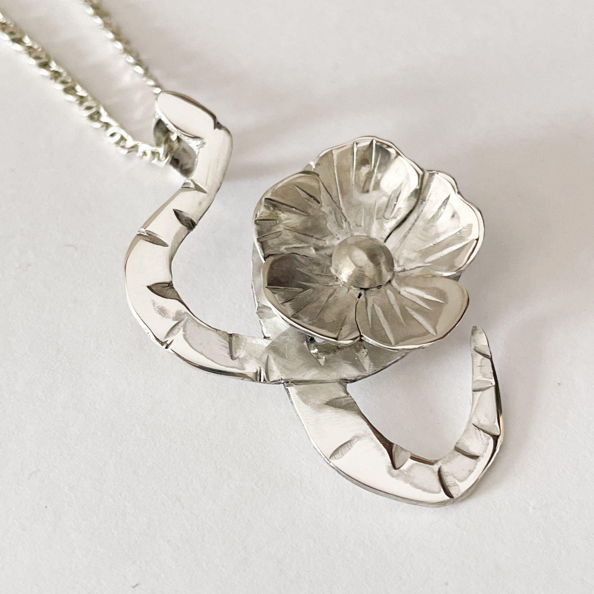 Dolores Ortega Sterling Silver Large Snake and Bloom Pendant – Botanical Handmad For Sale 1