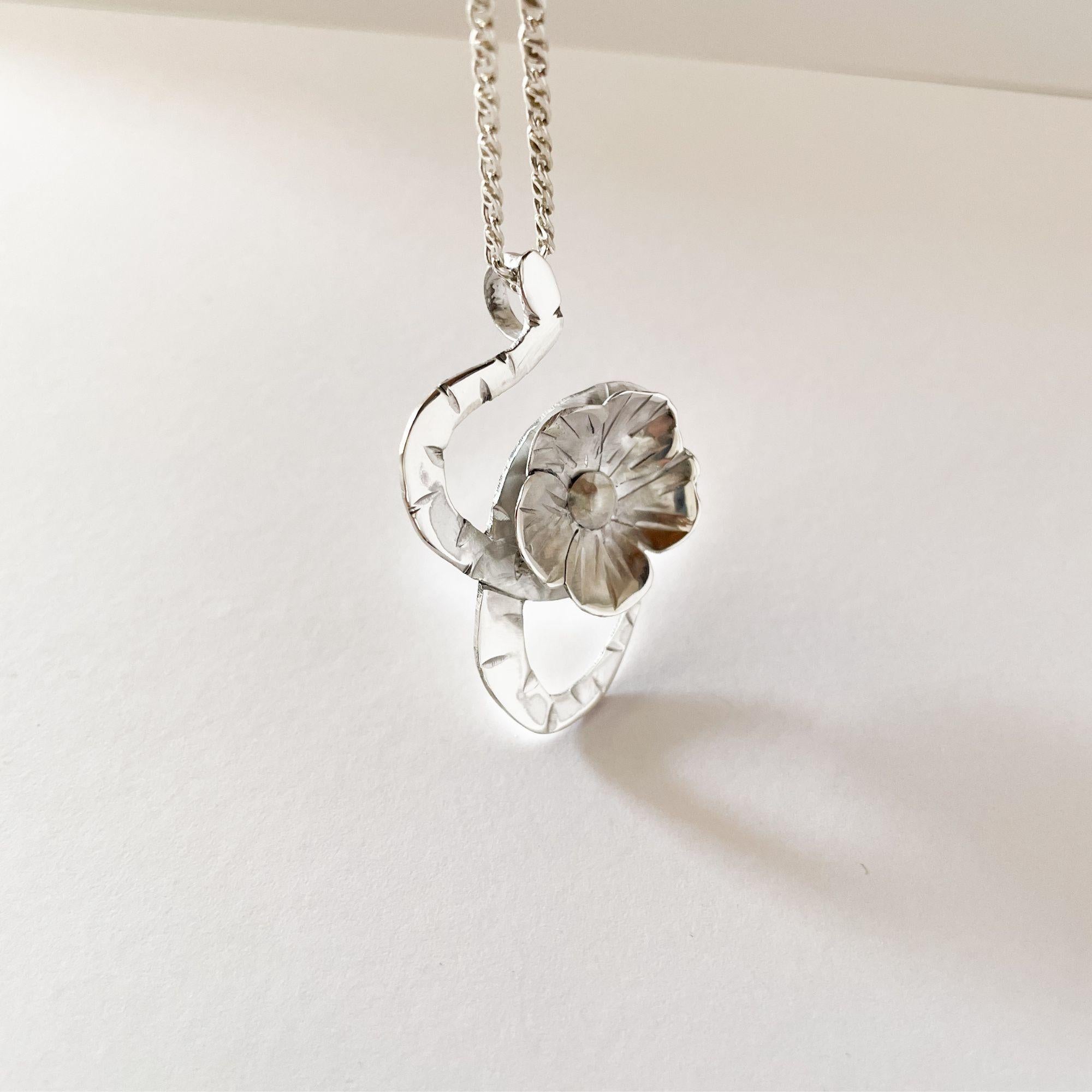 Dolores Ortega Sterling Silver Large Snake and Bloom Pendant – Botanical Handmad For Sale 2