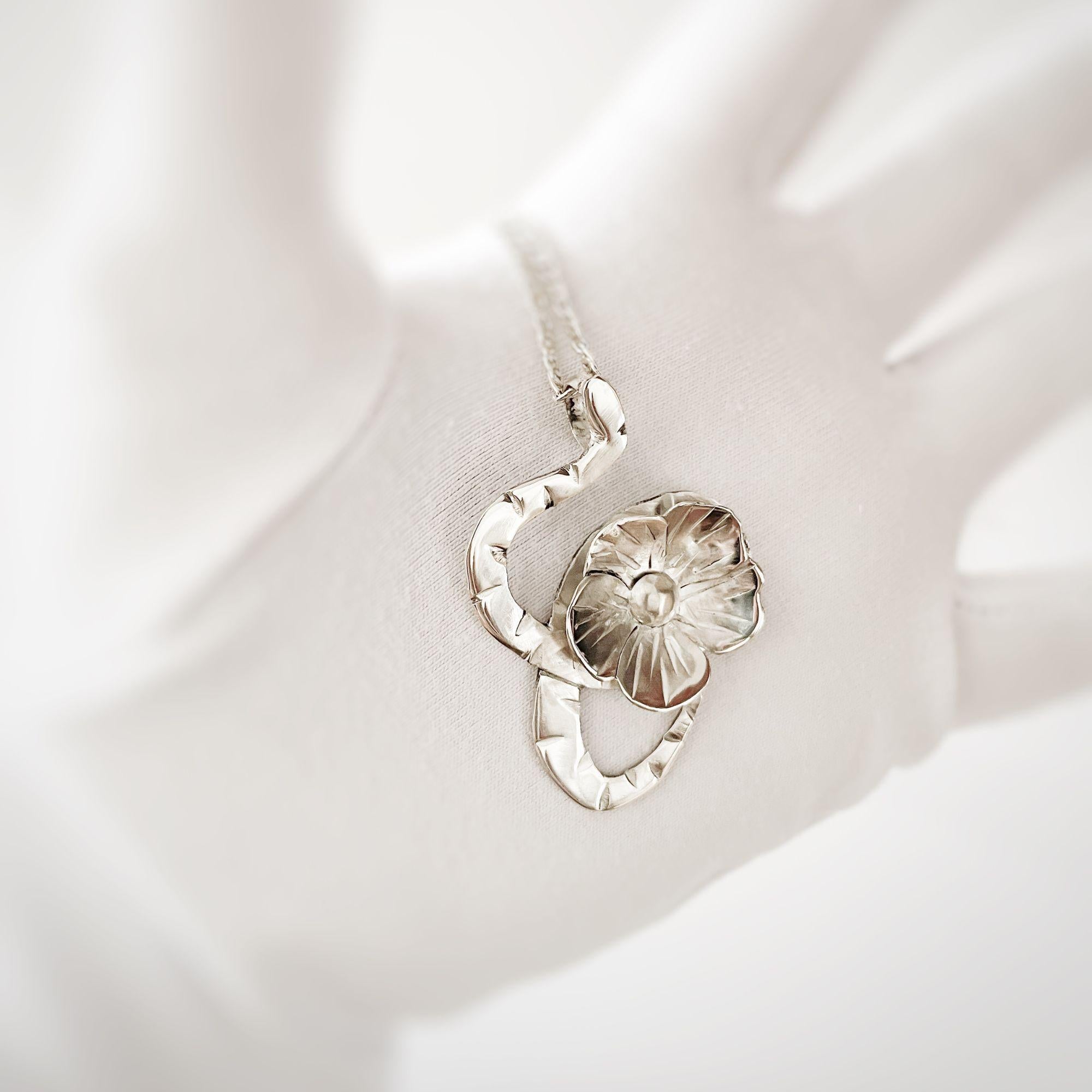 Dolores Ortega Sterling Silver Large Snake and Bloom Pendant – Botanical Handmad For Sale 3